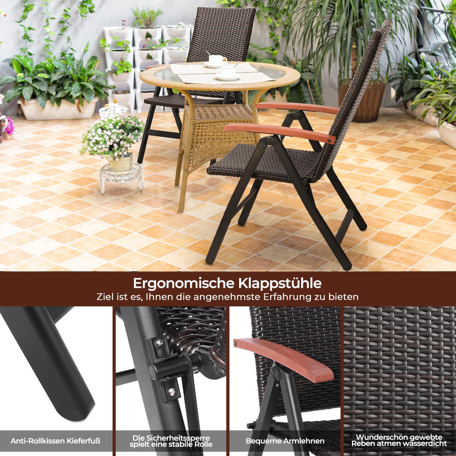 MAMIZO Krzesło składane rattanowe, 5-stopniowa regulacja, aluminiowe krzesło ogrodowe z podłokietnikami, do ogrodu, na kemping, basen, balkon (55,5 cm x 67,5 cm x 209 cm)