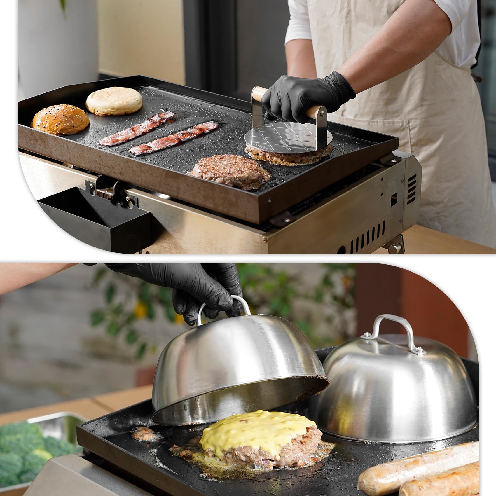 Onlyfire Smash Burger Set, 6-Teilig Grillwerkzeug Set, inkl. Runder Burgerpresse, 2 Grillspachtel, Pattypresse, 2 Burgerglocken, BBQ Grillbesteck Set für Plancha, Grillplatte, Gasgrill oder Grill