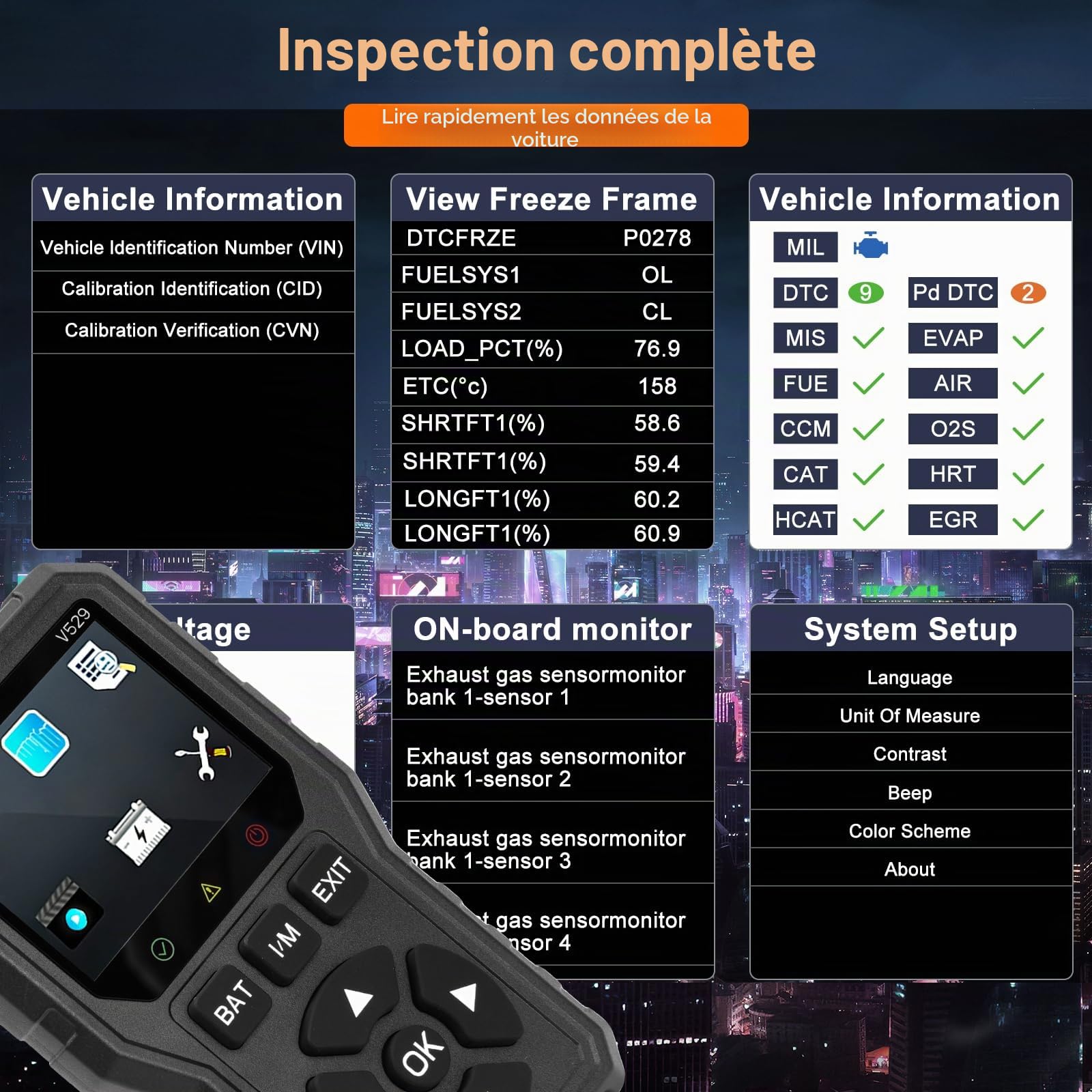 Appareil de Diagnostic OBD2 Universel pour Voiture et Moto - Lecteur de Code de Défaut avec Écran Couleur HD, Surveillance de Batterie - Outil de Diagnostic Complet pour Véhicules 12V