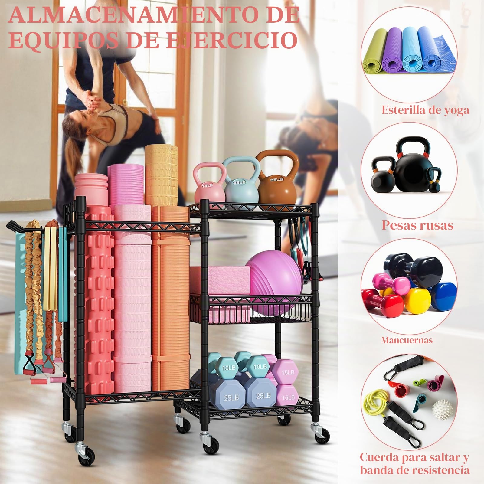 Estantería Fitness de 3 Niveles con Ruedas Bloqueables y Ganchos – Organizador de Acero al Carbono para Mancuernas, Esterillas de Yoga y Bandas de Resistencia, Capacidad 120 KG