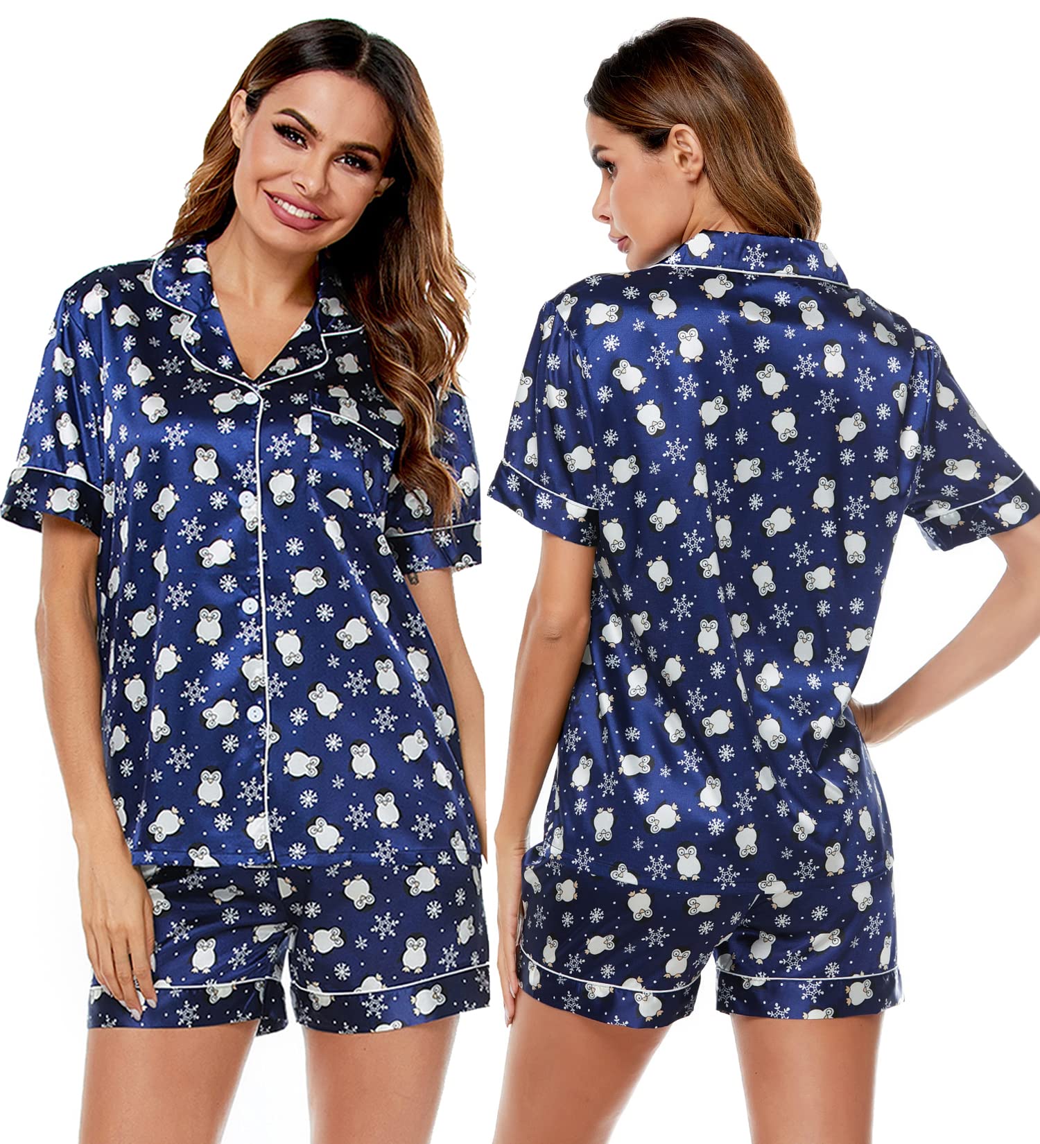 LecGee Womens Silk Satin Pajamas Short Sleeve Loungewear Two-Piece Sleepwear Button-Down Pj Set Blue Snowy Penguin-03 Small
