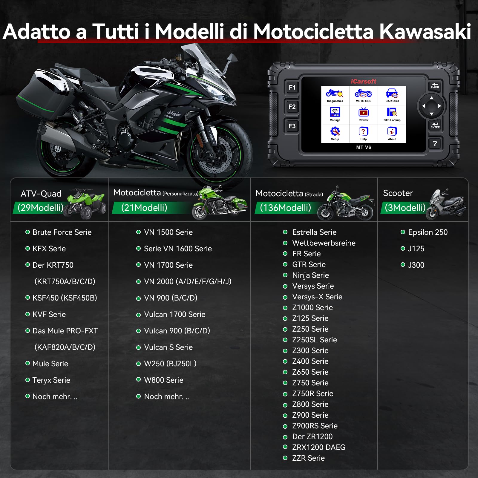 Motorrad Diagnosegerät für Kawasaki, iCarsoft MT V6 Motorrad Alle System Scan Werkzeuge mit Alle Aktuationstests, Sonderfunktionen, Batterietest, Lesen/Löschen von Fehlercodes