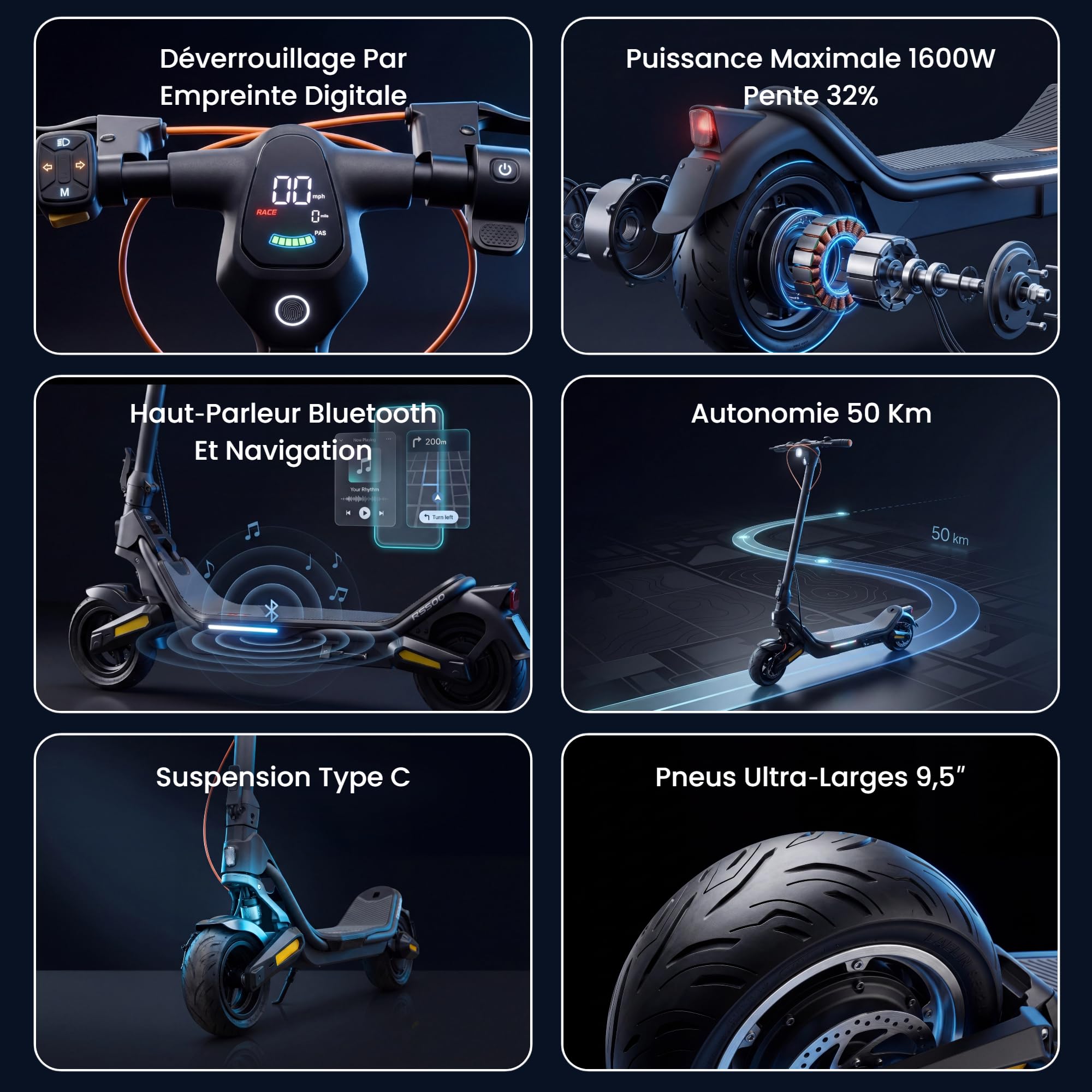 Monopattino Elettrico per Adulti con Sensore di Impronta Digitale, Autonomia 85 km, Pneumatici Tubeless 10,5 Pollici, TCS Controllo di Trazione