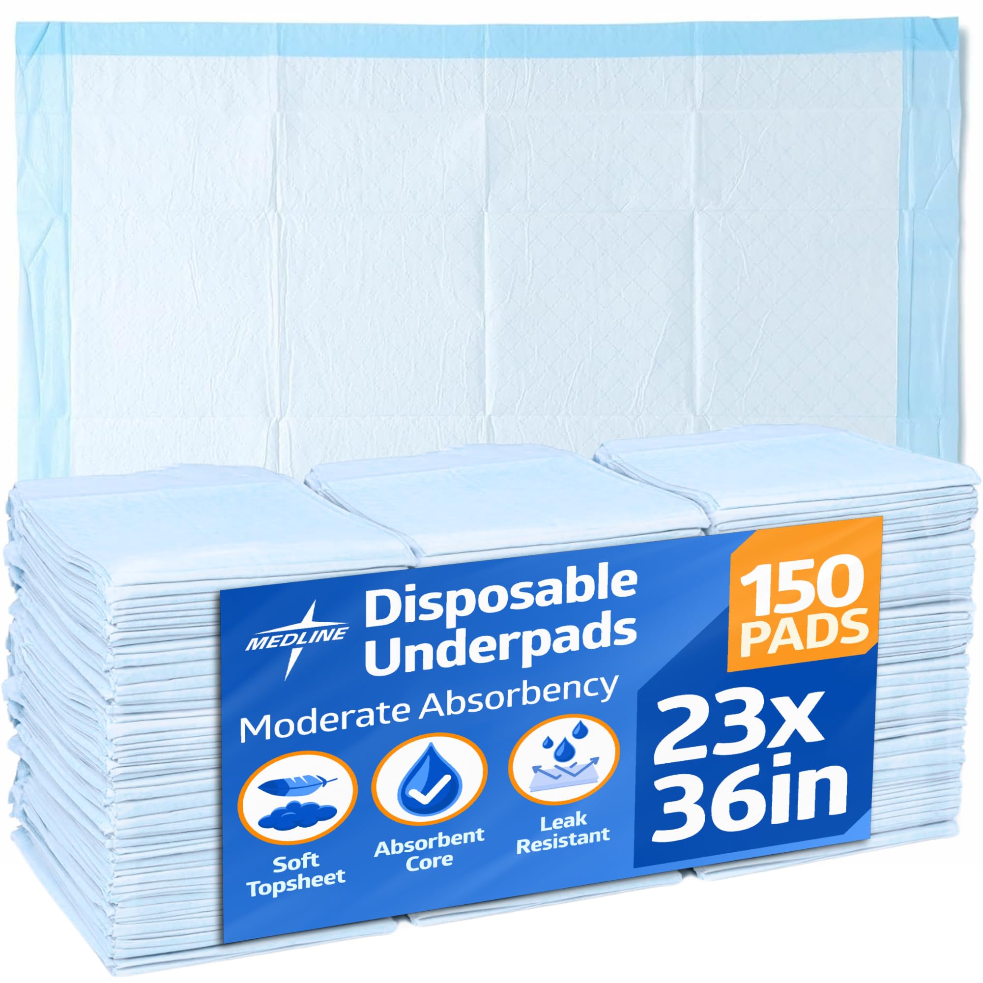 Disposable Protection Plus Economy Weight Underpads, Tissue Only, Polypropylene Backing, White/Blue, 23 x 36 Inches, Case of 150