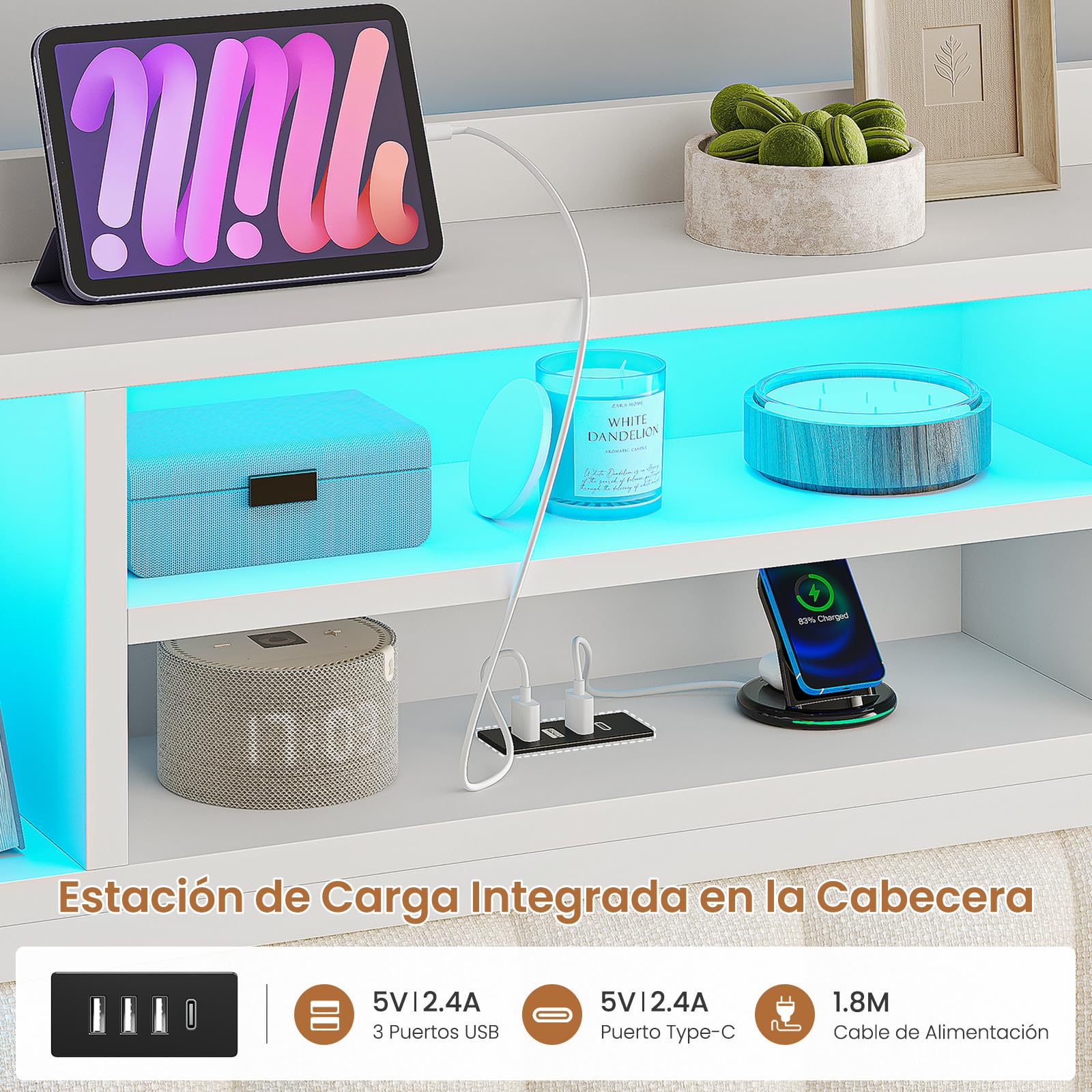 AGOLLATI Camas Matrimoniales 140x190 con Estación de Recarga y LED, Cama Canapé Hidráulica，Estructura Cama Cabecero Tapizado con 7 Compartimentos de almacenaje, Somier de Láminas de Madera, Blanco