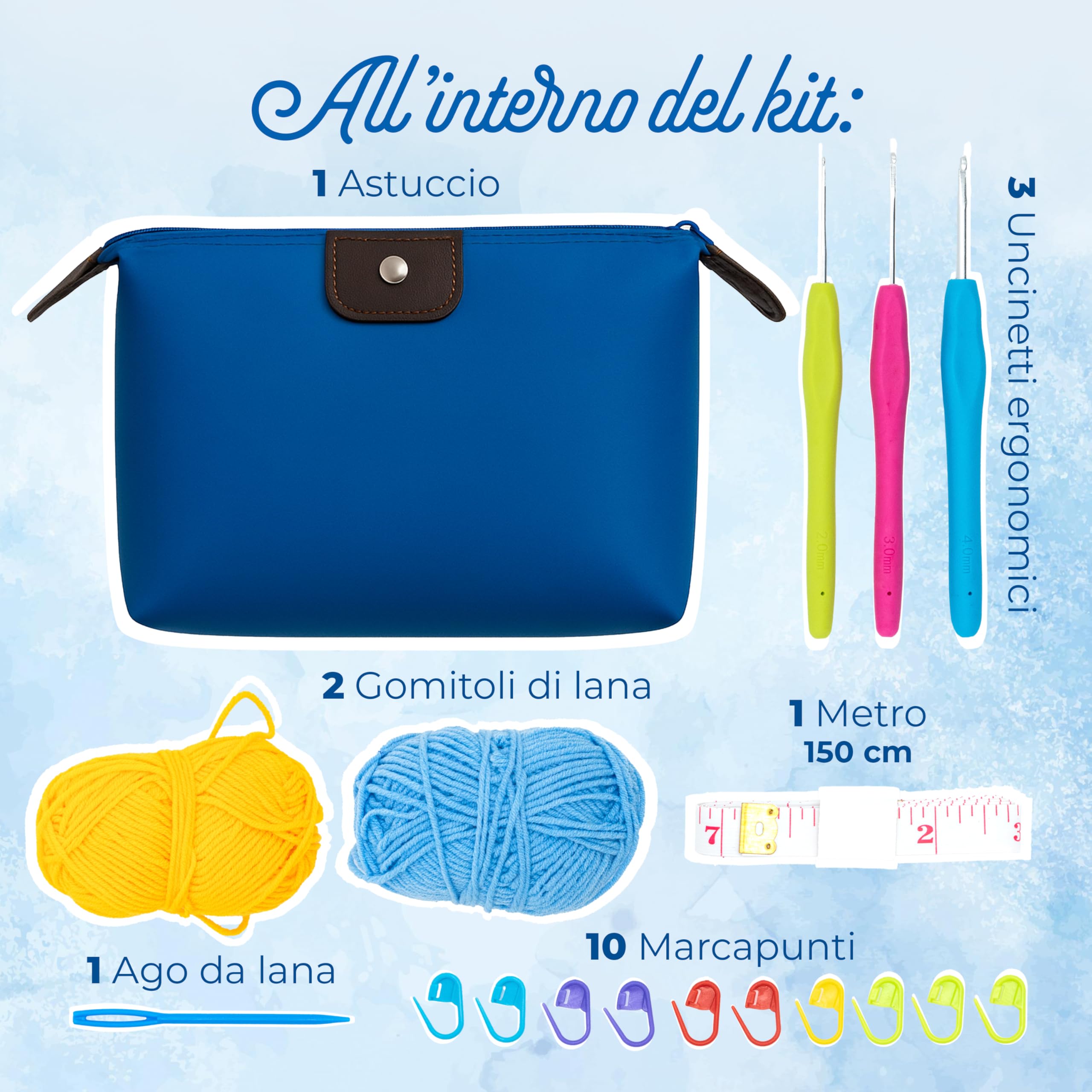 Jaliun Kit Uncinetto Principianti – Set Crochet con Uncinetti Ergonomici | Include 3 uncinetti ergonomici,2 gomitoli,custodia,marcapunti,ago e metro.Per amigurumi e fai da te