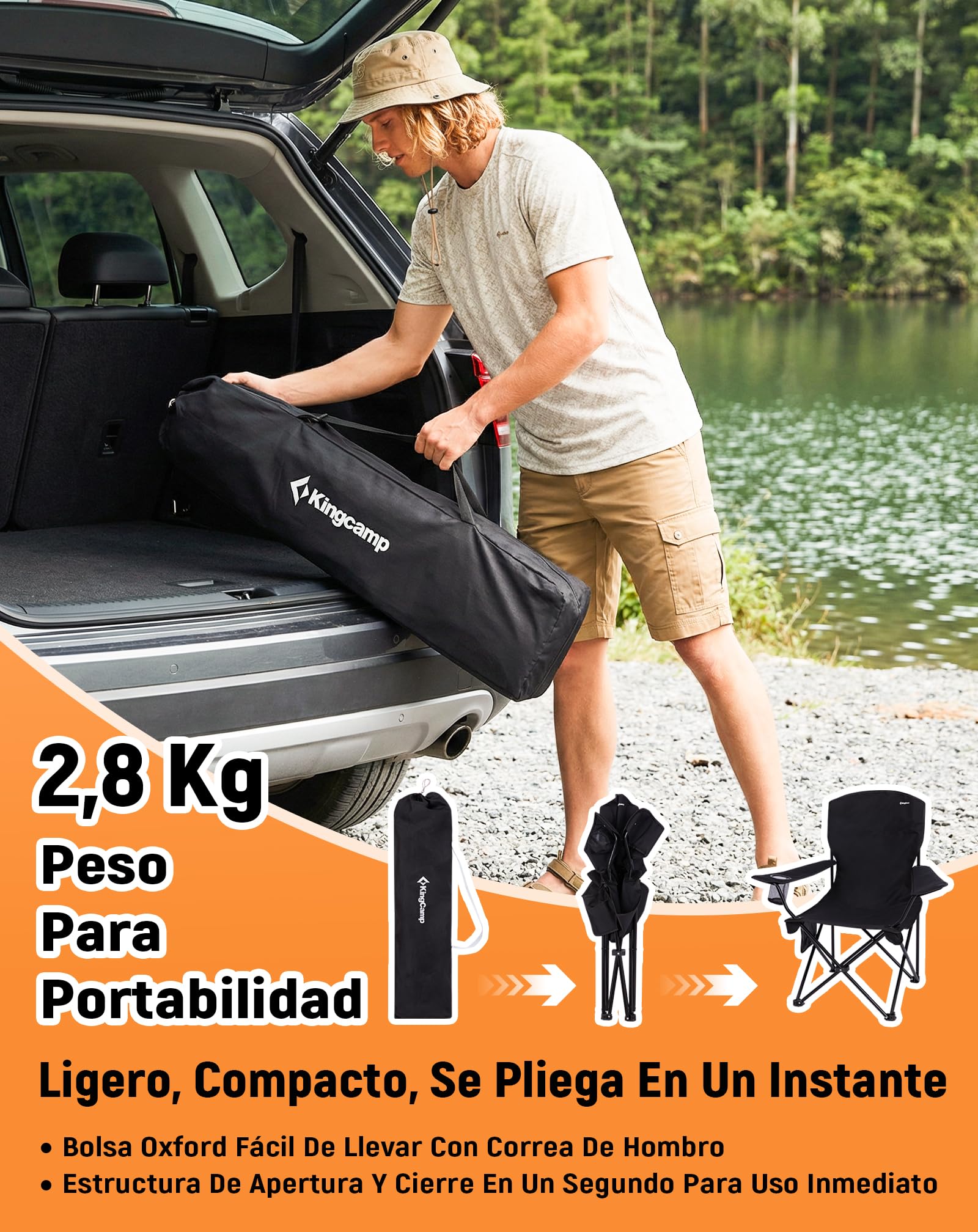 KingCamp Silla de Camping Plegable Ergonómica Acolchada 150 kg | Con Portavasos, Bolsillo Lateral, Solo 2,8 kg, Tamaño Compacto 15×15×93 cm para Camping, Jardín, Pesca y Exterior