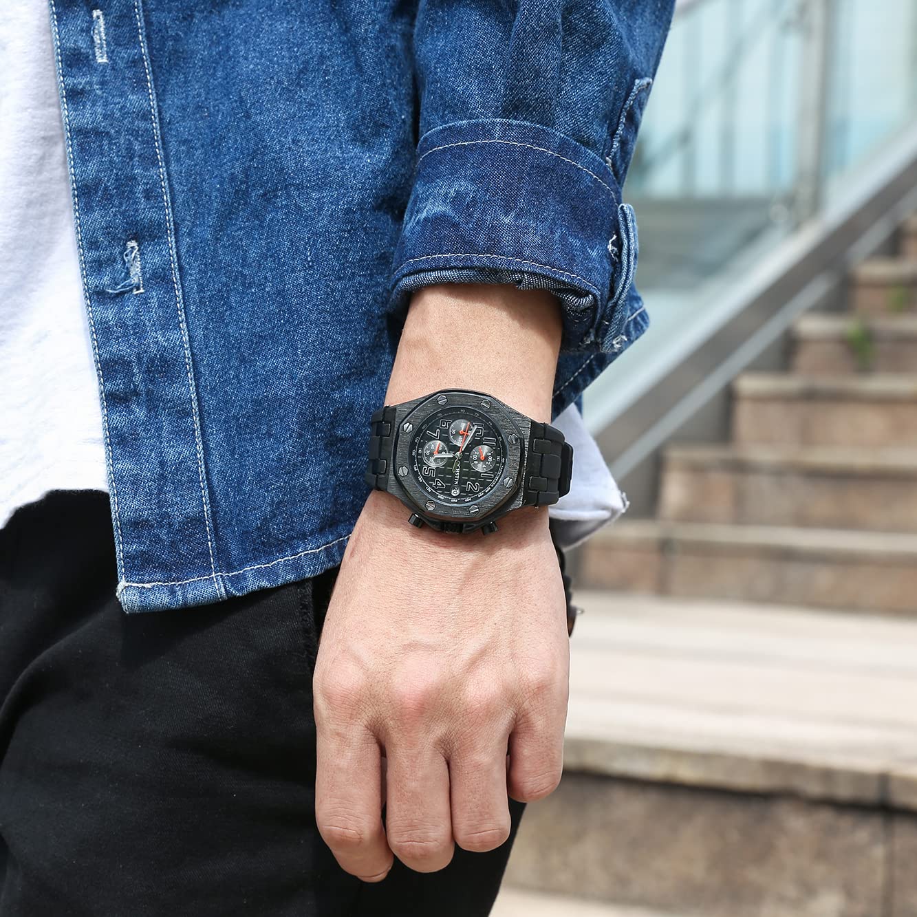 TEINTOP Ochstin Precision Chronograph męski zegarek biznesowy męski ośmiokątne zegarki, Czarny pomarańczowy, Klasyczny