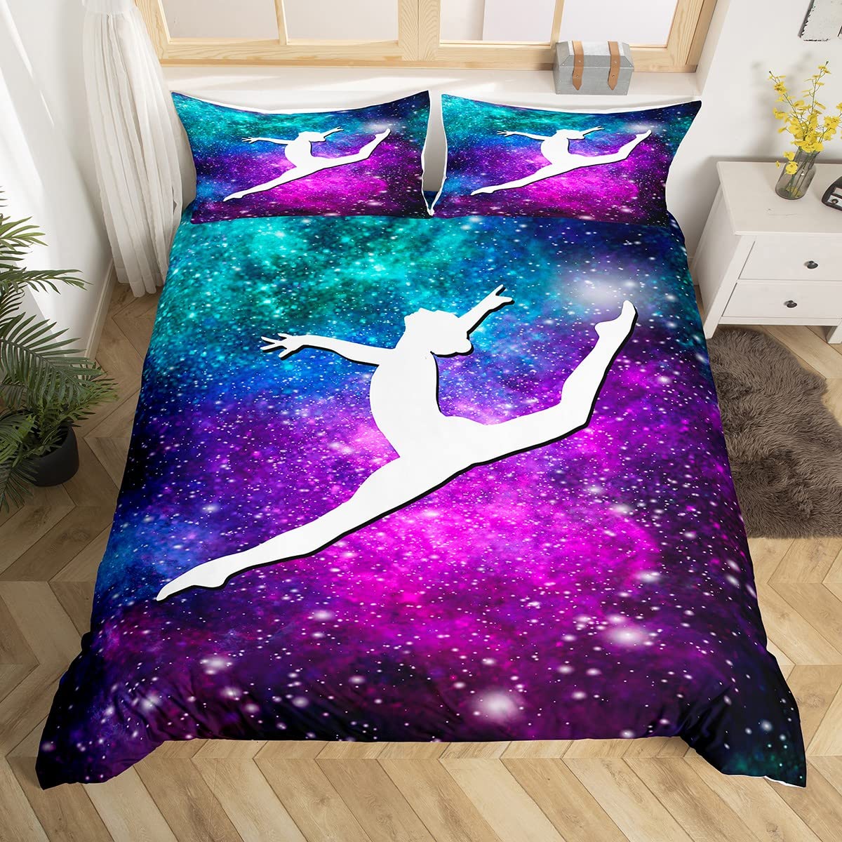 Homemissing Set copripiumino da ginnastica con glitter, per bambini, ragazzi, ragazze, spazio esterno, con motivo galassia e copriletto, in microfibra, colore: blu e viola