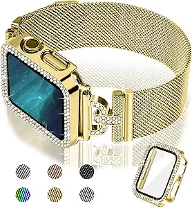 JOYOZY Magnetic Band Compatible with Apple Watch Band 38mm 40mm 41mm 42mm 44mm 45mm 46mm Milanese Strap with Bling Glitter Case Built-in Screen Protector Dressy Stainless Steel iWatch Loop for Women