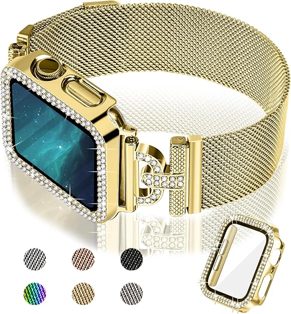 JOYOZY Magnetic Band Compatible with Apple Watch Band 38mm 40mm 41mm 42mm 44mm 45mm 46mm Milanese Strap with Bling Glitter Case Built-in Screen Protector Dressy Stainless Steel iWatch Loop for Women