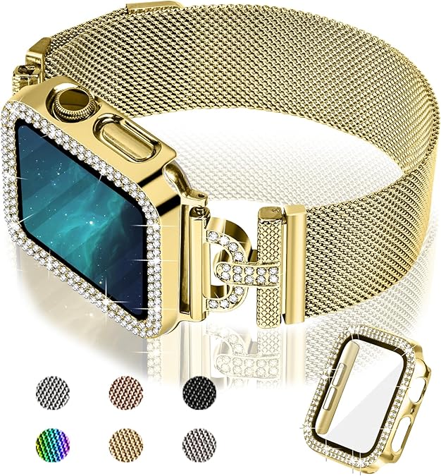JOYOZY Magnetic Band Compatible with Apple Watch Band 38mm 40mm 41mm 42mm 44mm 45mm 46mm Milanese Strap with Bling Glitter Case Built-in Screen Protector Dressy Stainless Steel iWatch Loop for Women