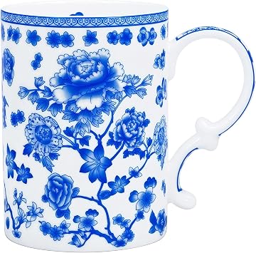 Bone China Mug Floral Coffee Tea Mug- 16 oz Bone China Floral Mug Flower Coffee Tea Cup Gifts for Women Mom Friend Blue