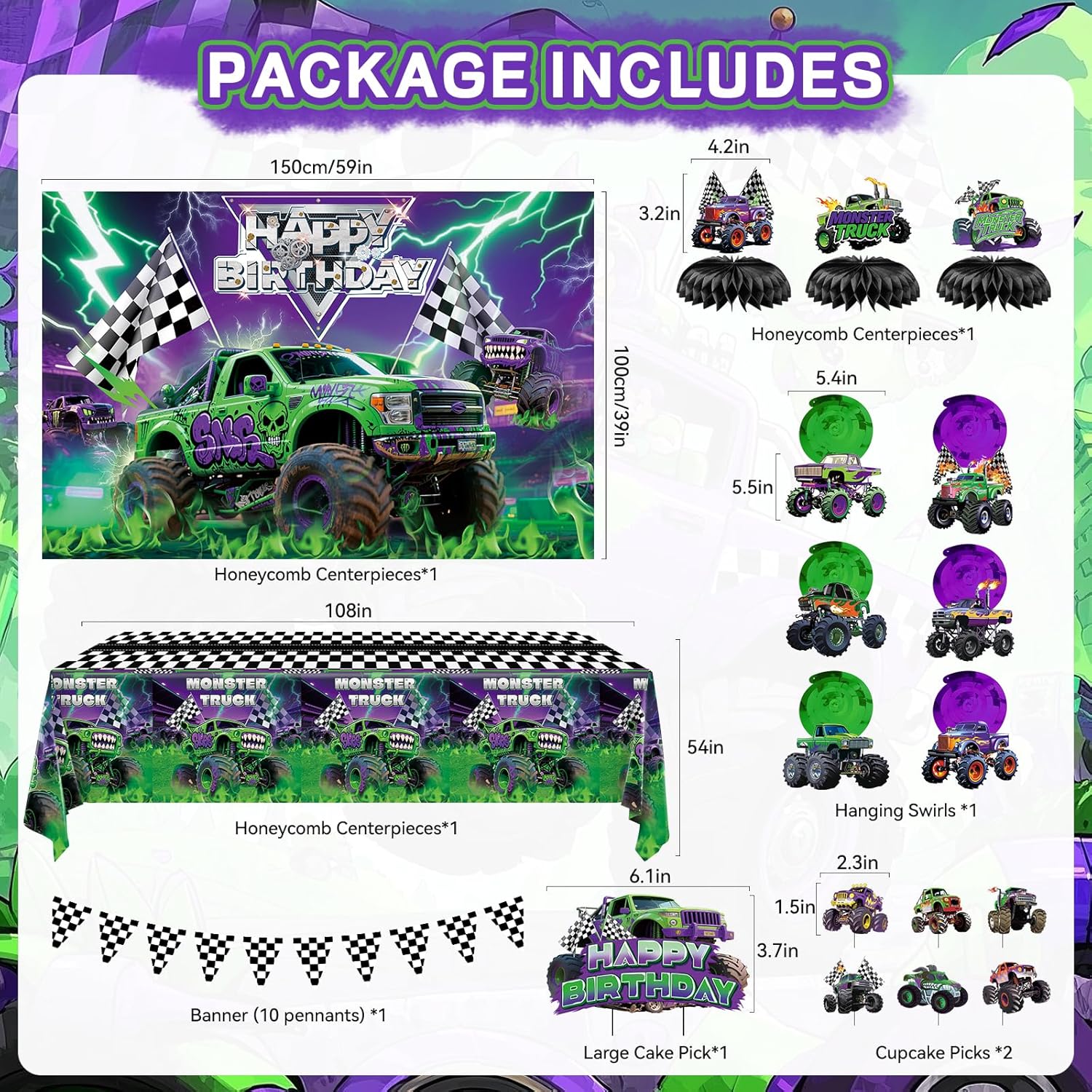 99 Pcs Monster Truck Birthday Party Decorations Set with Purple and Green Black Balloon Garland Arch Kit with Star & Wheels Checkered Balloons, Backdrop, Tablecloth, Grave Digger Party Supplies