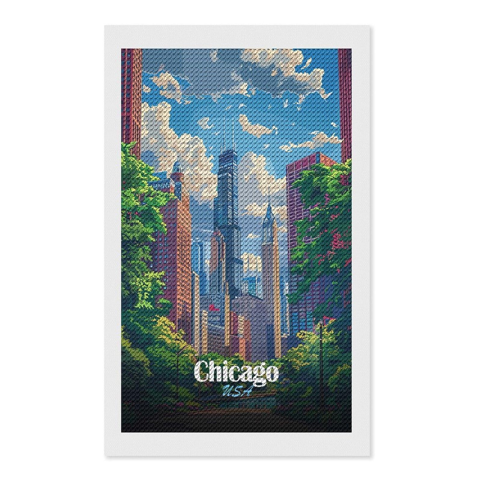 Junmoney Chicago Skyline Illustration Full Drill Diamond Painting Kit 12"x20", Mindful Craft Activity, Bedroom Decor, for Adults, Gift Idea