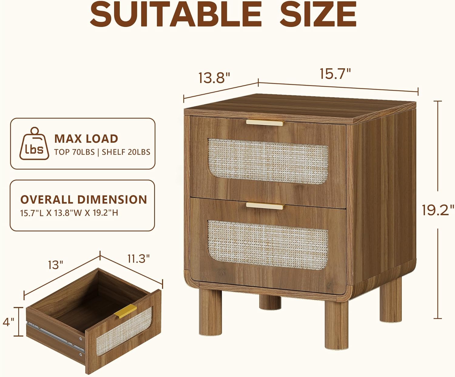 LAZZO Set of 2 Nightstands Wooden Night Stands with Rattan Drawers Home Bedside End Table for Bedroom