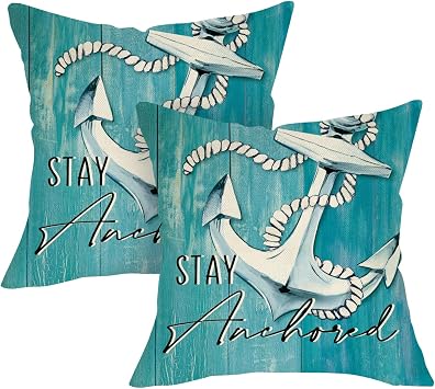Nautical Anchor Blue Decorative Throw Pillow Covers 18 x 18 Set of 2 | Coastal Stay Anchored Navigation Voyage Porch Outdoor Home Decor, Beach Farmhouse Sea Ocean Cruise Lover Couch Cushion Case