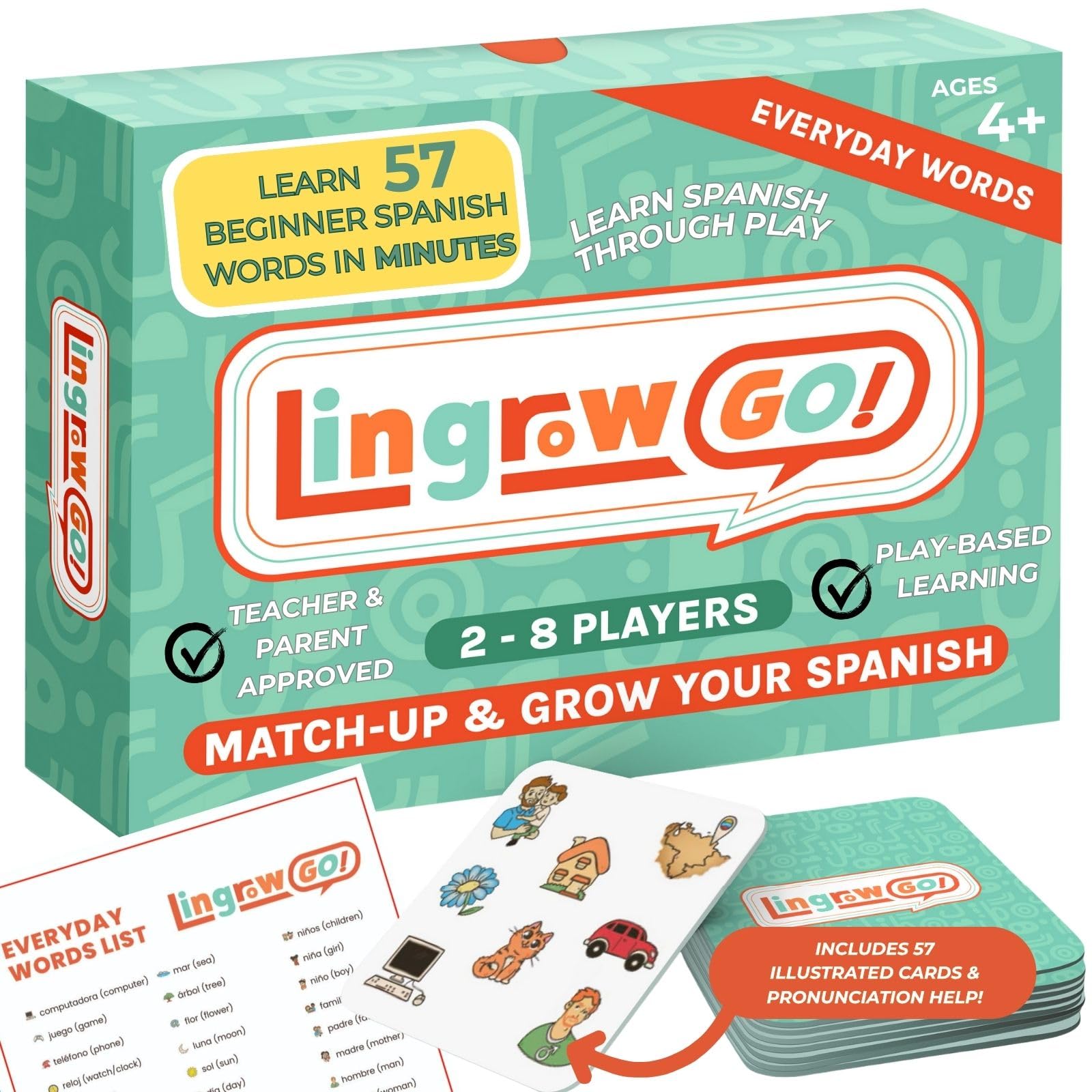 Lingrow Go! Spanish Learning Game - Fun Bilingual Card Game for Kids & Families | Learn 57 Everyday Words Through Play | Educational Gift for