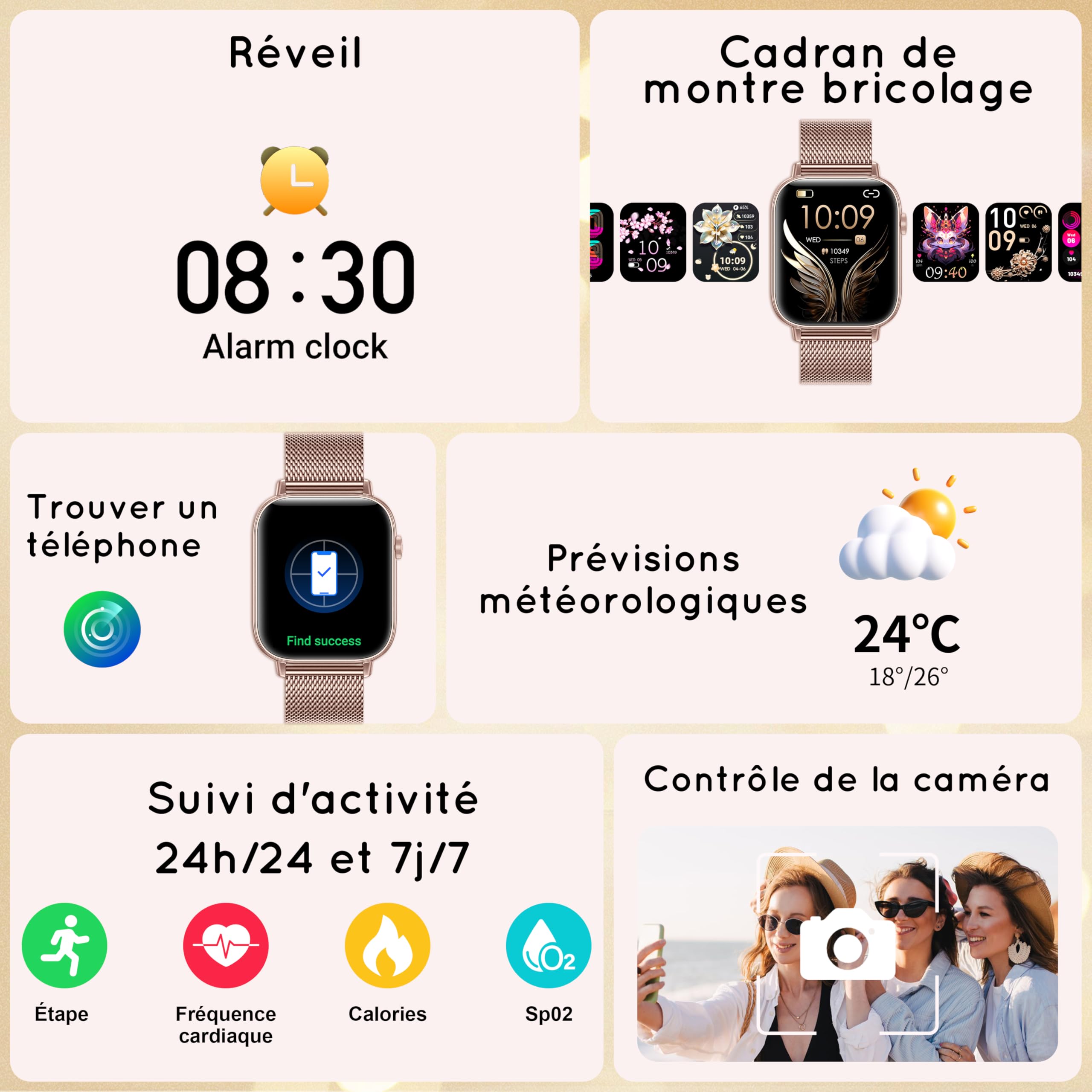 Montre Connectée Femme 3 Bracelets 1.83" HD Fitness Tracker Smartwatch avec Appels Bluetooth/Surveillance Cardio/SPO₂/Sommeil/Podomètre, 120 modes sportifs IP68 Étanche pour iOS Android, Or Rose