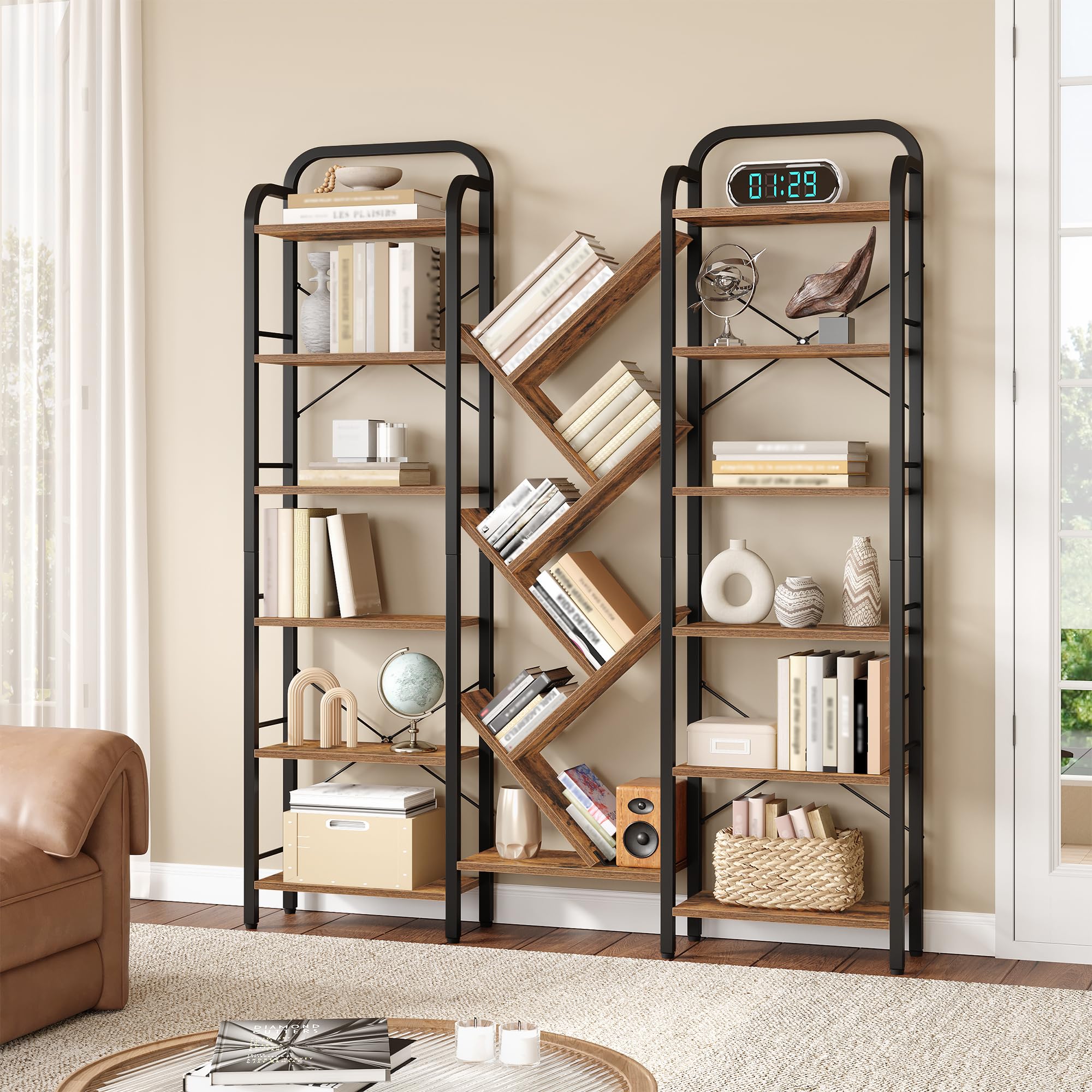 HEXCELEN Librería, Estantería de Árbol de 6 Niveles, Marrón Rústico y Negro | 18 Compartimentos, Estantería de Almacenamiento, Estantes Ajustable, 24 x 152 x 198,5 cm, para Estudio, Sala de Estar