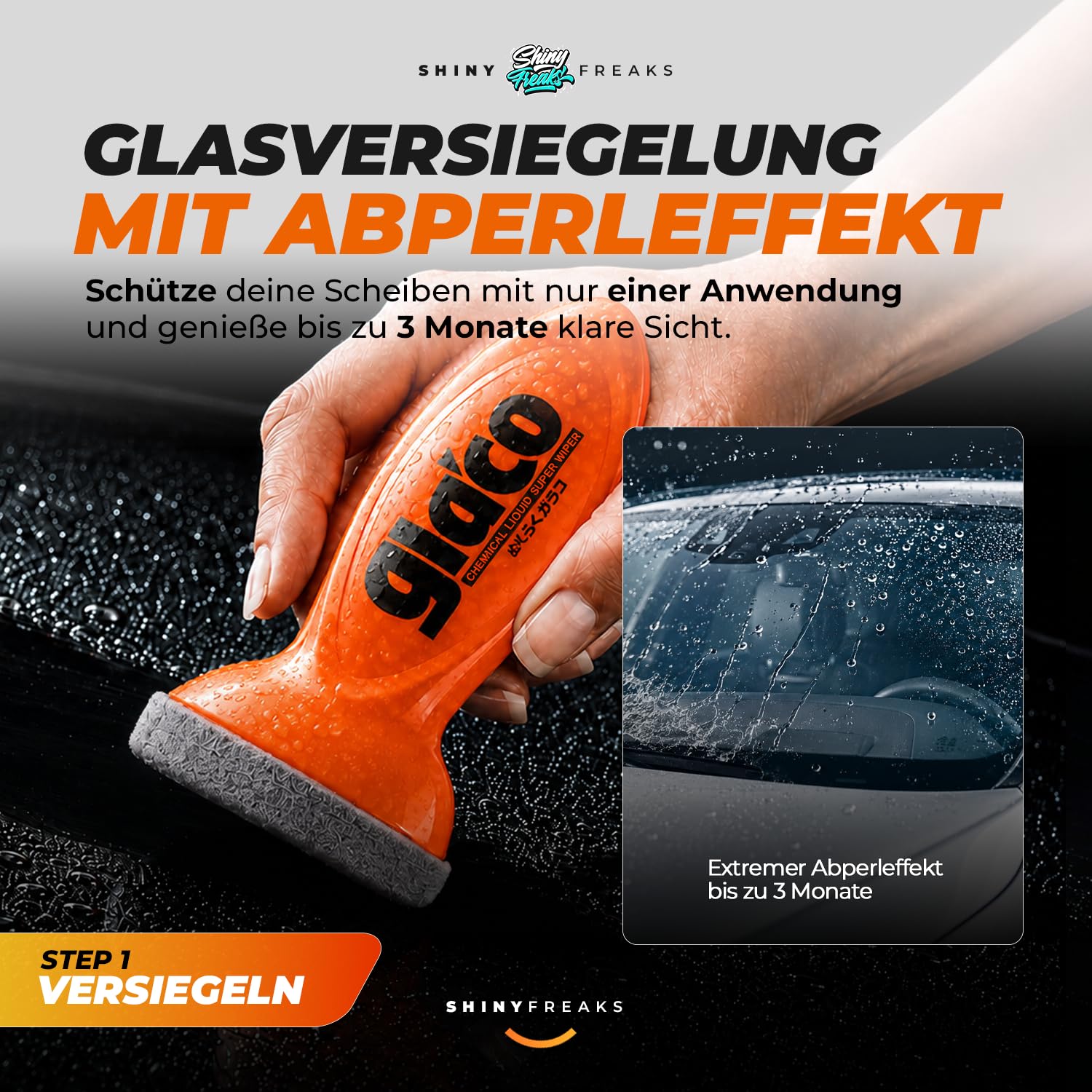 Glasversiegelung Set: Soft99 Glaco QAD (120ml) Scheibenversiegelung Auto + QJUTSU Creamy Shampoo (750ml) + Autoschwamm - Regenabweiser für verbesserte Sicht bei Regen | 3-teilig