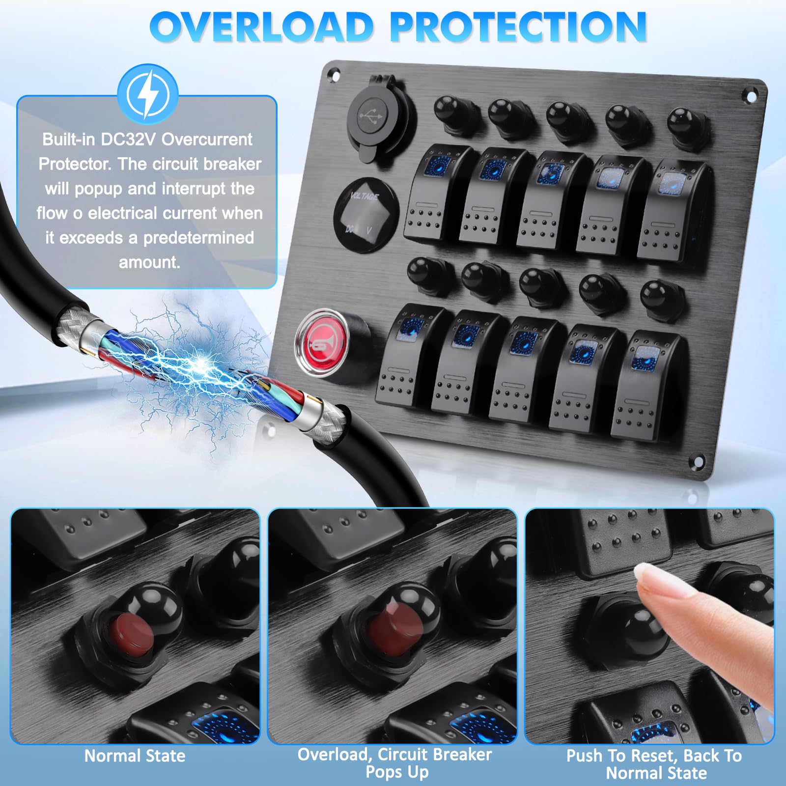 Geloo 10 Gang Panel de interruptores, IP65 Impermeables 12 V/24 V Interruptor de Palanca con Disyuntores y Botón de Bocina para Automóviles, Barcos, Autocaravanas y Camiones