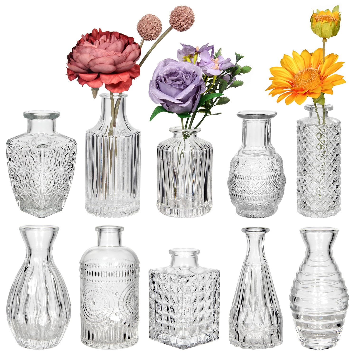 Decorative Small Glass Vases, 10 Pcs Set Bulk Flowers Vases, Fluted and Ribbed Textured Vase for Centerpieces, Sunflower, Rose, Bud Plant Mini Bottles Vases, Unique Clear Cute Vases, Wedding Decor