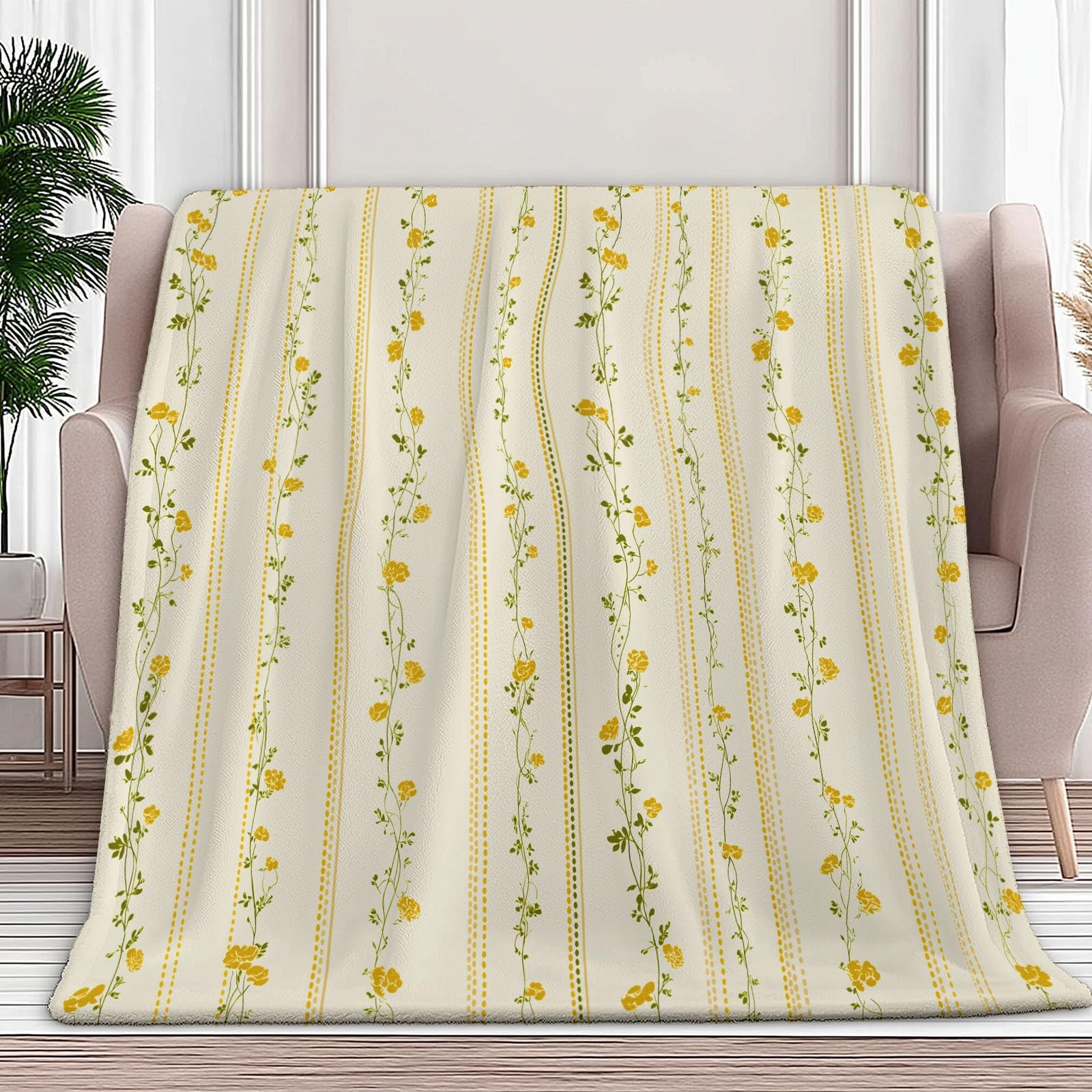 Coperta Plaid Pile in Flanella 180x220 cm Coperta Pile Piccola Linee Floreali Retrò Disegnate A Mano, Morbida Soffice Calda Coperte per Divano Singolo Matrimoniale Letto Beige