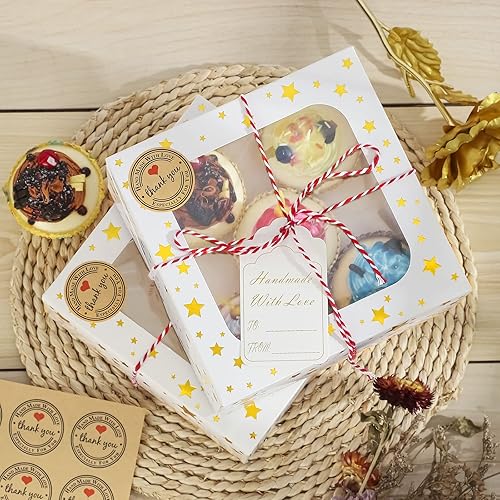 Miniatura 3 de Paquete de 24 cajas de galletas de Navidad de 6 x 6 x 3 pulgadas para regalo, cajas de panadería blancas de papel de aluminio dorado con ventana de