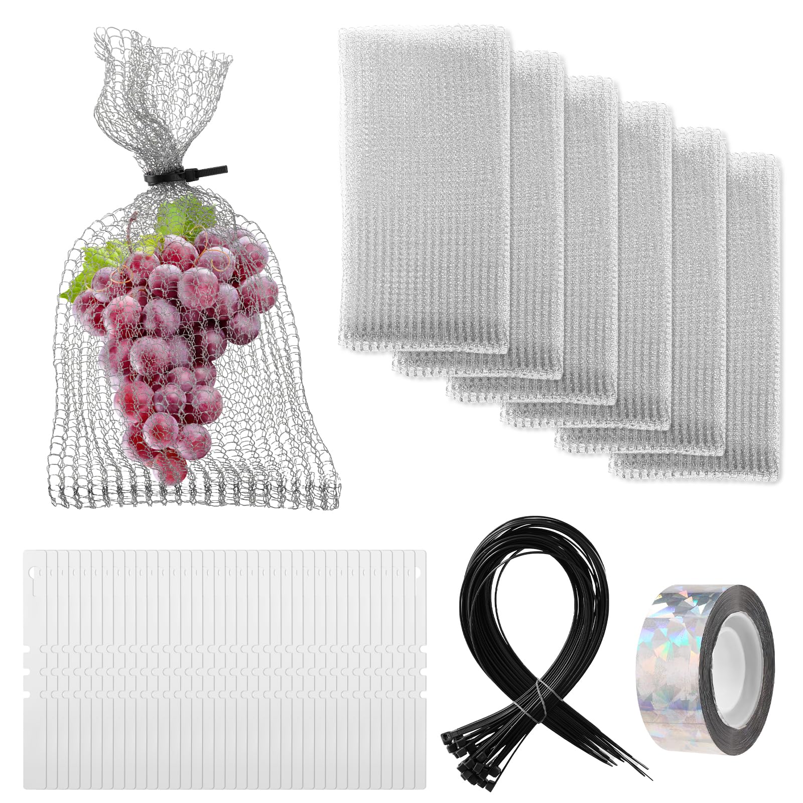 30 bolsas de protección de frutas de acero inoxidable, 28 x 14,5 cm, malla antipájaros para árboles frutales de jardín, con 35 bridas y etiquetas y cinta reflectante de 50 m, protector de