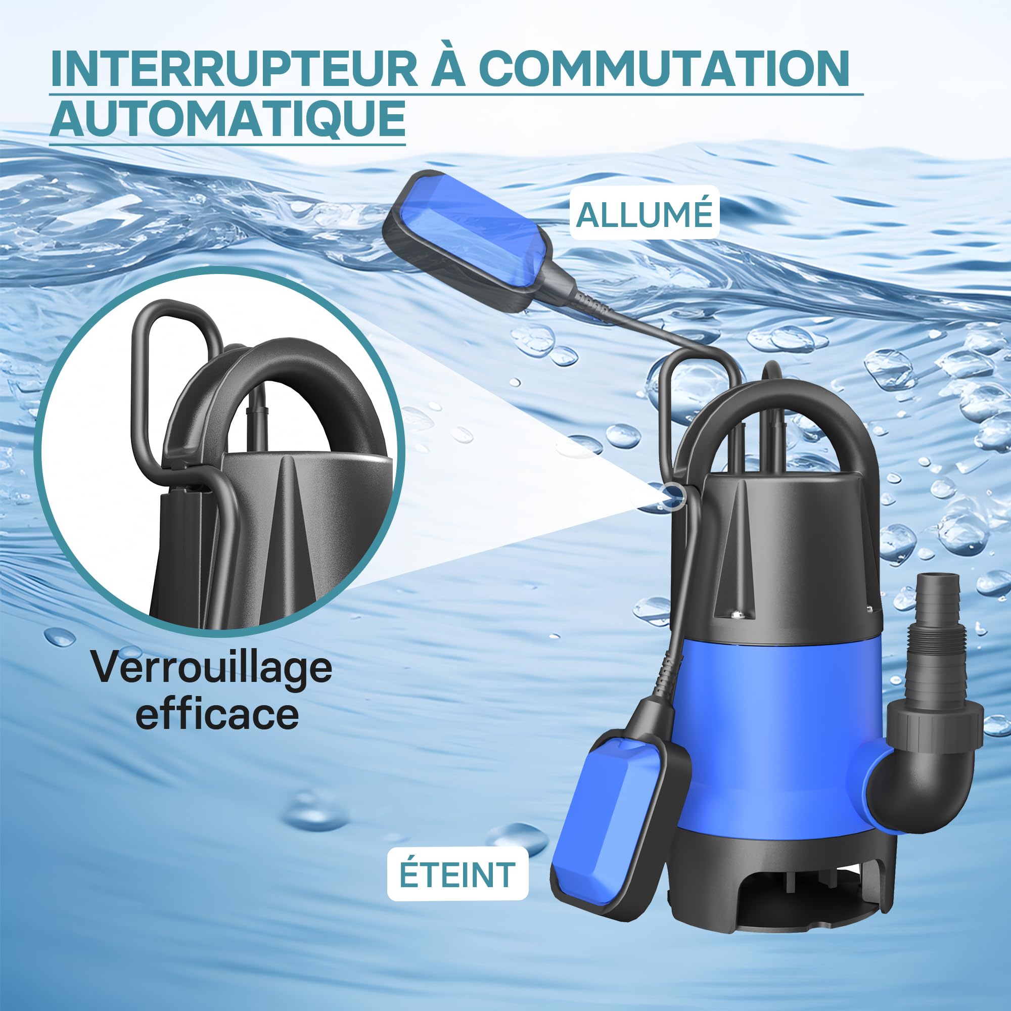 Wiltec Pompe électrique pour eaux sales – Submersible – 400 W / 7500 l/h – Refoulement max. 5 m – avec Flotteur – Particules jusqu’à Ø 35 mm – Arrosage Irrigation Jardinage Évacuation Drainage