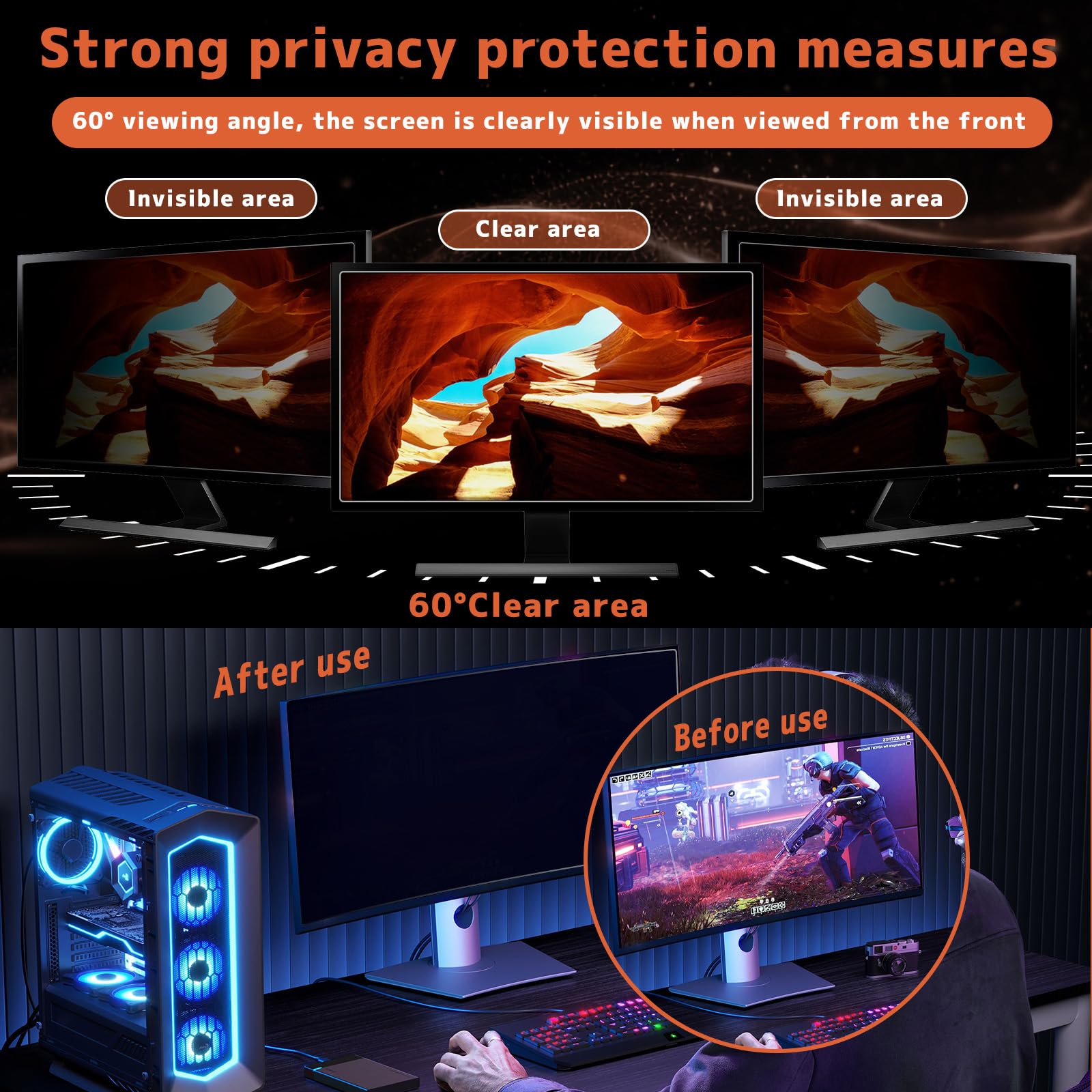 Filtro privacy per monitor, 23,8 pollici, 16:9, filtro per computer e desktop, anti-spy, anti-luce blu e antiriflesso per monitor da 23,8"