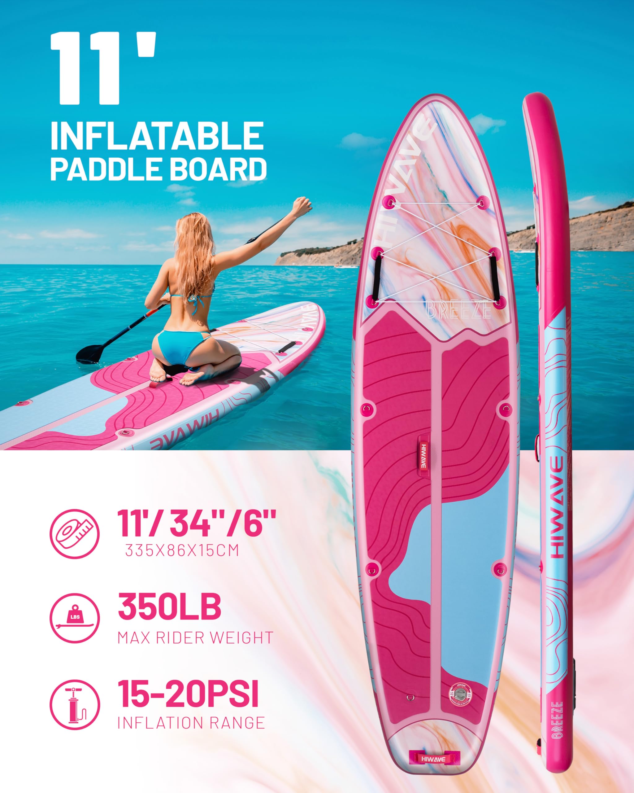 Hiwave Inflatable Stand Up Paddle Board 11’*34”*6” Sup Board, 450lbs Capicity Adult&Youth Paddle Board, Pet Friendly for Ocean&Lake, w/Double Action Hand Pump Pink