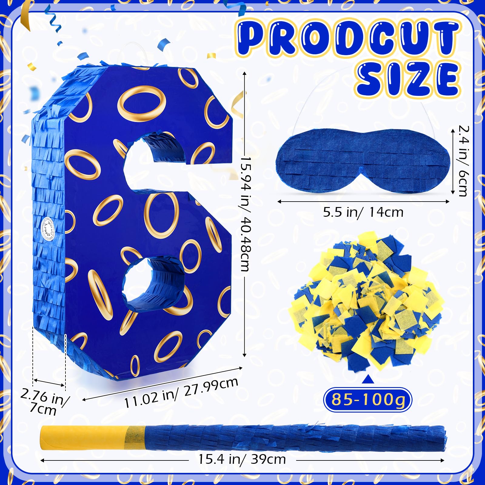 Simgoing Piñata en forme de chiffre 6 avec anneaux bleus et dorés pour anniversaire d'enfants, petite piñata avec bandeau pour les yeux et confettis pour décoration de fête Fiesta Cinco de Mayo, 40 x