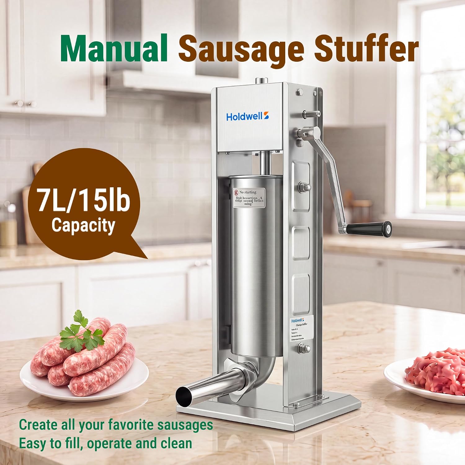 15LB/7L Manual Sausage Stuffer, 304 Stainless Steel Vertical Sausage Maker