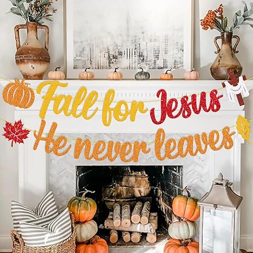 Miniatura 5 de Cartel de otoño para Jesús con el texto en inglés «He Never Leave», decoración cristiana de otoño, tema de Jesús, pancarta de calabaza y hojas de