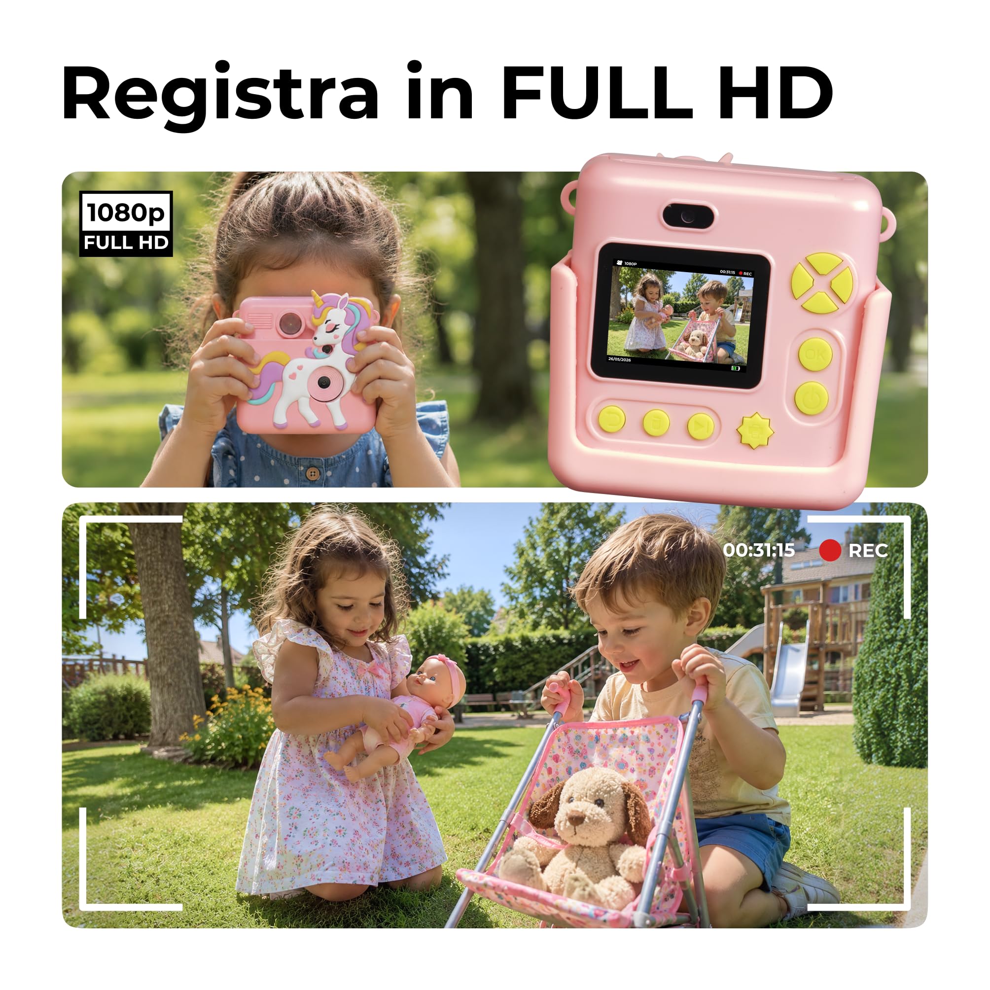 Denver KPC-1363RO Fotocamera Istantanea per Bambini con Stampa Termica, 20MP, Video Full HD 1080p, Schermo LCD 2”, Cover in Silicone, Rosa
