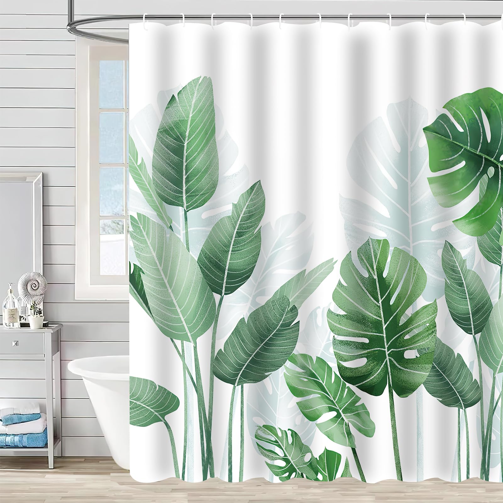 Shower Curtain Set - Mould Proof Resistant 180 x 180 cm (71x 71 Inch), Bathroom Curtains Nature Green Leaves with 12 Hooks