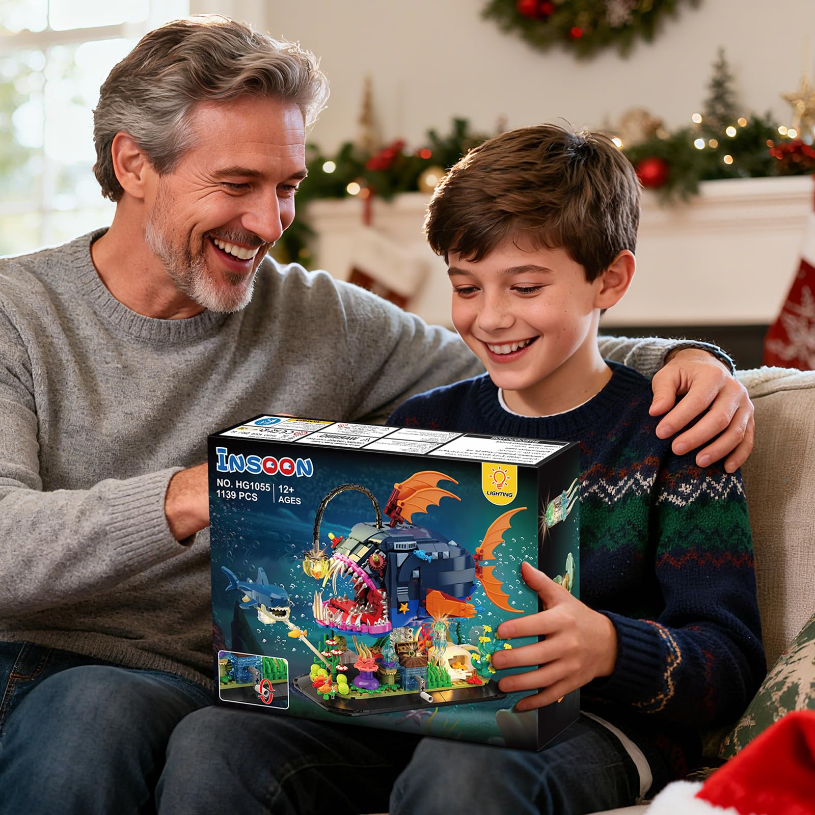 INSOON Set de Construction Poisson-Lanterne Mécanique avec Lumières, Poisson-Pêcheur Articulé avec Requin et Méduse, Kit Animal Marin 1139 Pièces, Cadeau Déco Adultes et Enfants 12+