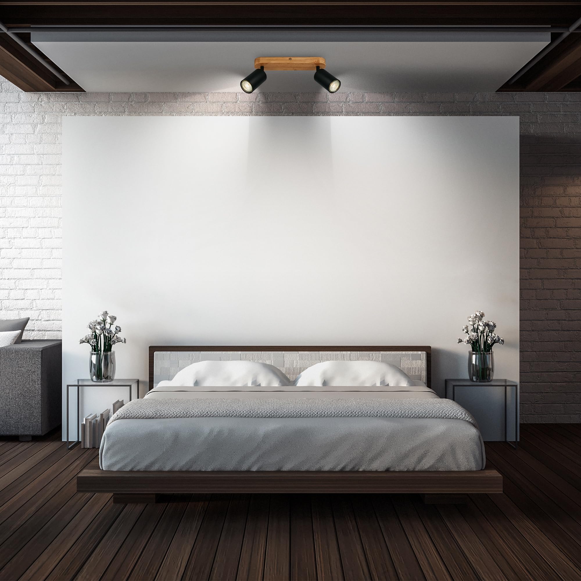 B.K.Licht - Lámpara vintage 2 luces, Base de Madera, Metal Negro, GU10 máx 2x9W, Ø90mm, Largo máx 150mm, Sin Bombillas, IP20, Iluminación Rústica
