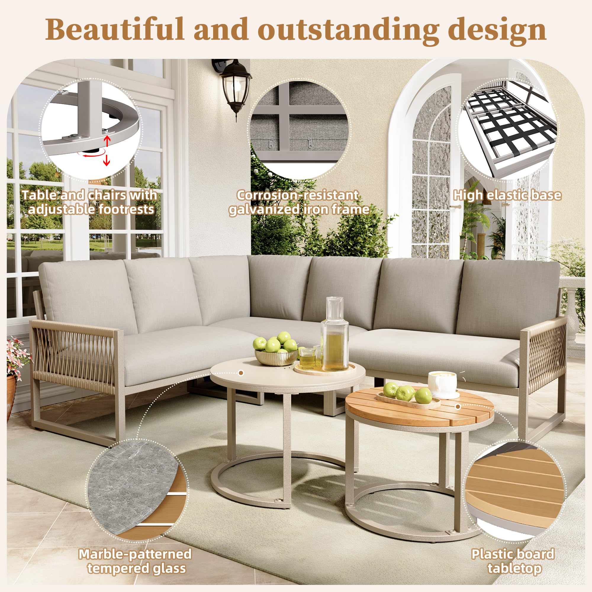 LAKFEW Conjunto Jardin Exterior de 5 Piezas con 2 Mesas y Patas Ajustables, Muebles Jardin Exterior Modular para 6-7 Personas, Sofa Exterior Esquinero con Cojín Cómodo (Beige)