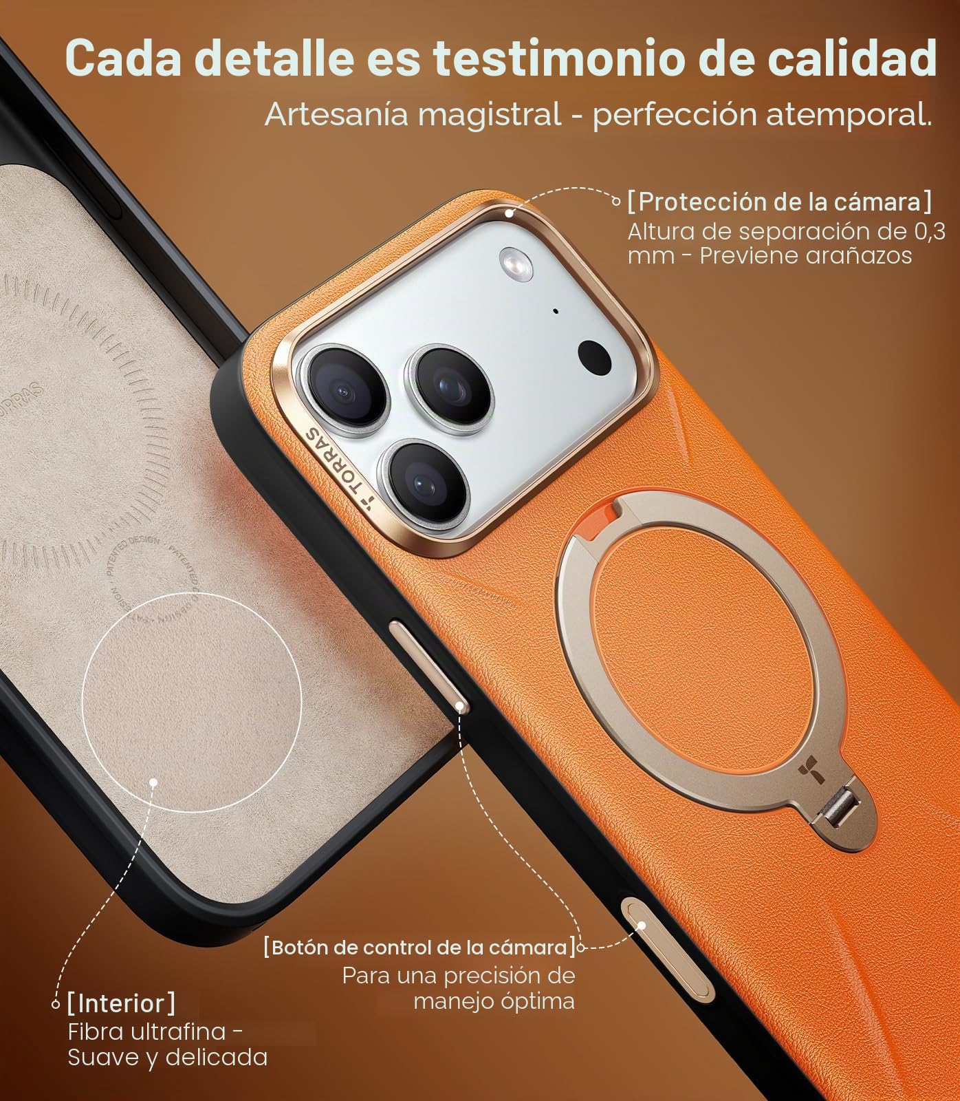 TORRAS Ostand Q3 VegSkin Funda para iPhone 17 Pro MAX [clásica Piel de Ternero][(Soporte magnético Invisible 360°] Resistente a los Golpes& arañazos, Funda para iPhone 17 Pro MAX, Naranja