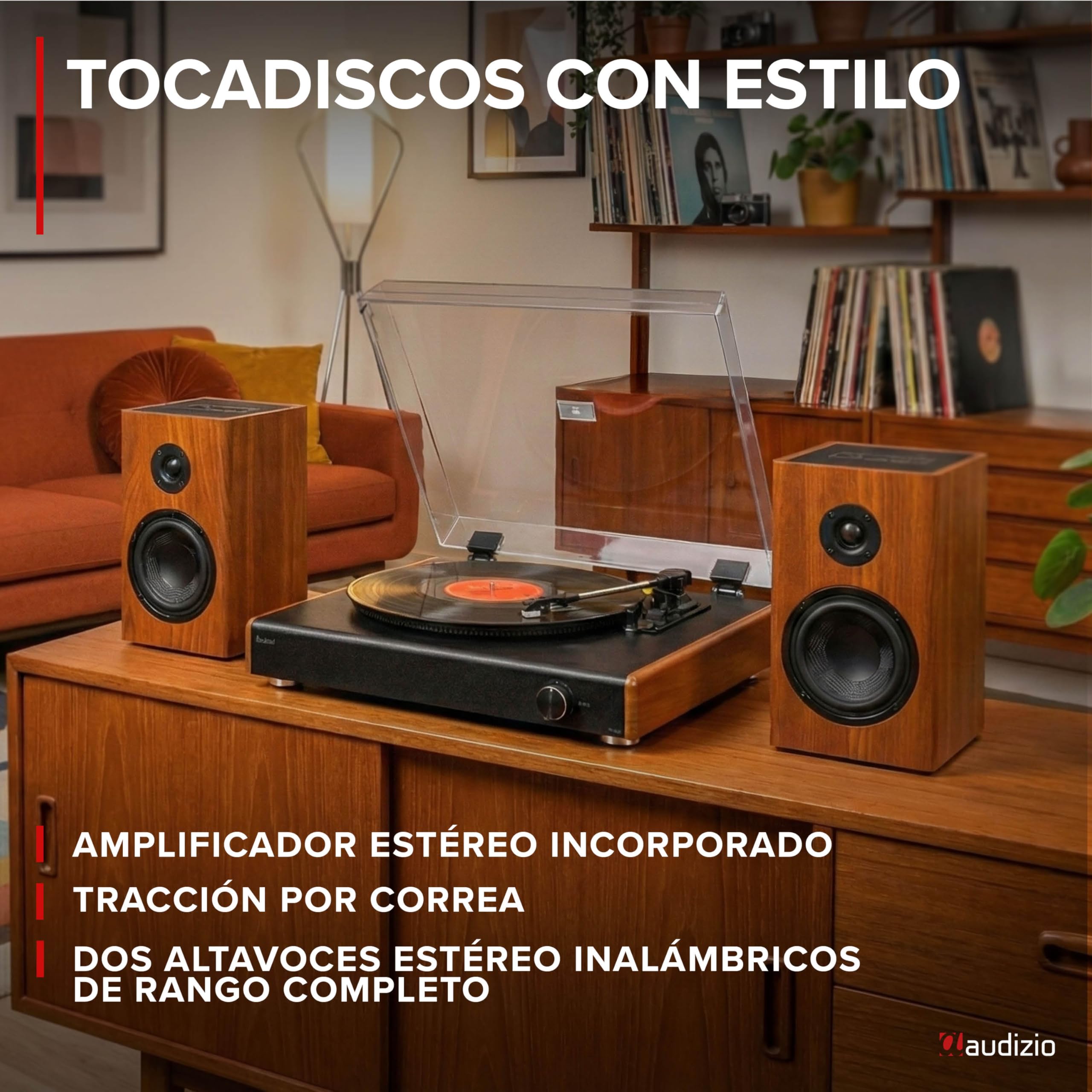 Audizio RP337W – Tocadiscos de Vinilo con Altavoces Bluetooth inalámbricos 100W 3 velocidades 33 45 78 RPM cápsula Audio Technica Salida RCA Sistema automático diseño Retro, Color Madera