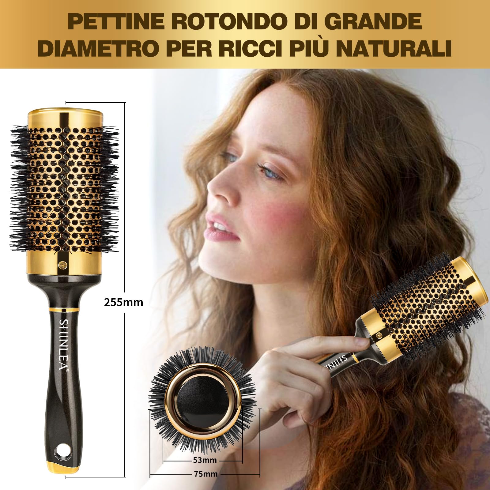 Spazzola Rotonda per Capelli - Shinlea Spazzola per Capelli Ricci Anti-Trazione per Ragazze, Donne 53 MM, per Districare, Acconciare e Asciugare, Aggiungere Volume e Lucentezza ai Capelli Fini