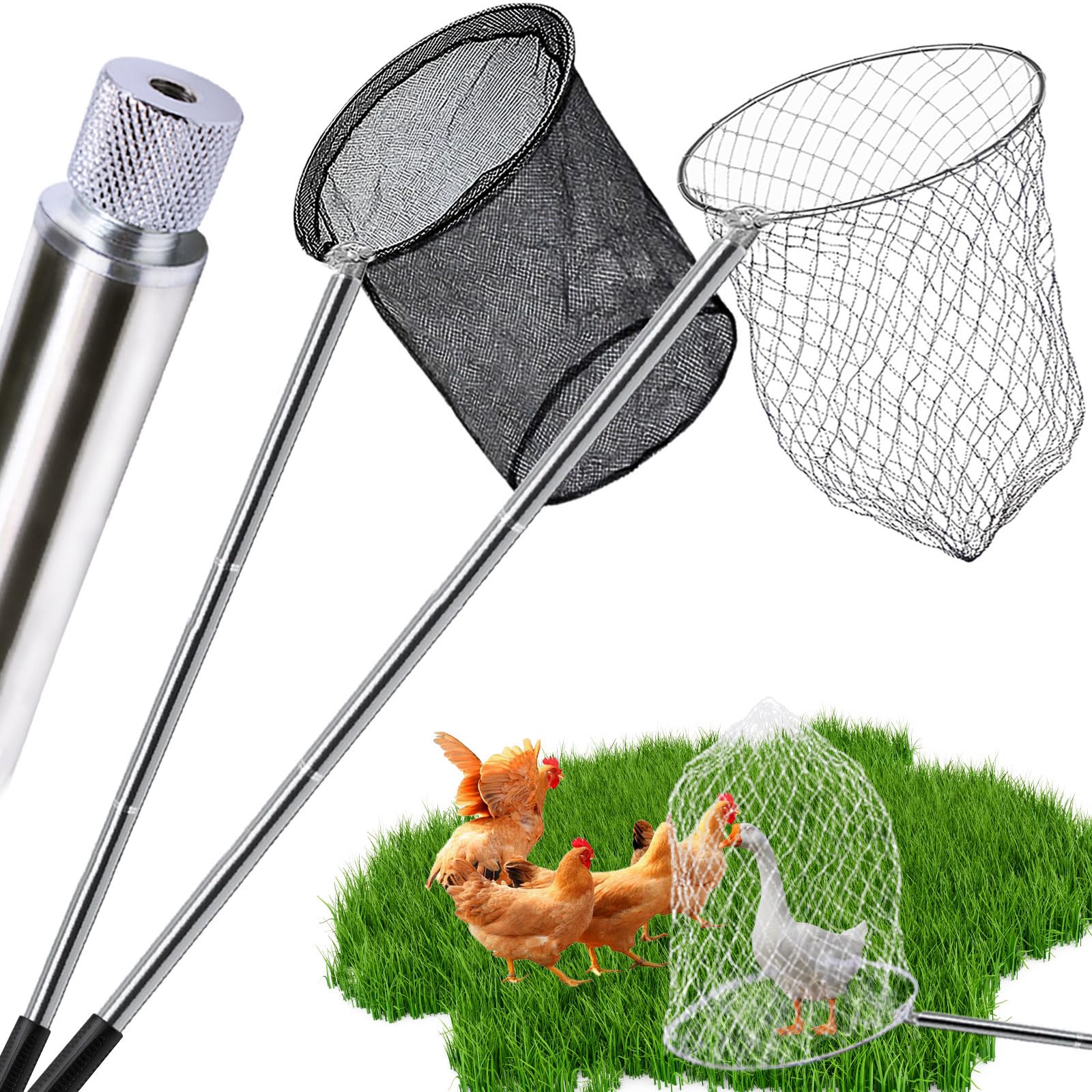 Autokcan 2 Packs Chicken Catching Net Extra Thick Poultry Fishing Net Extendable Landing Animal Catcher for Bird, Chicken, Goose, Ducks, Fish, Cat(2 Nets, 2 Poles with 3 Sections Each,46 Inches)
