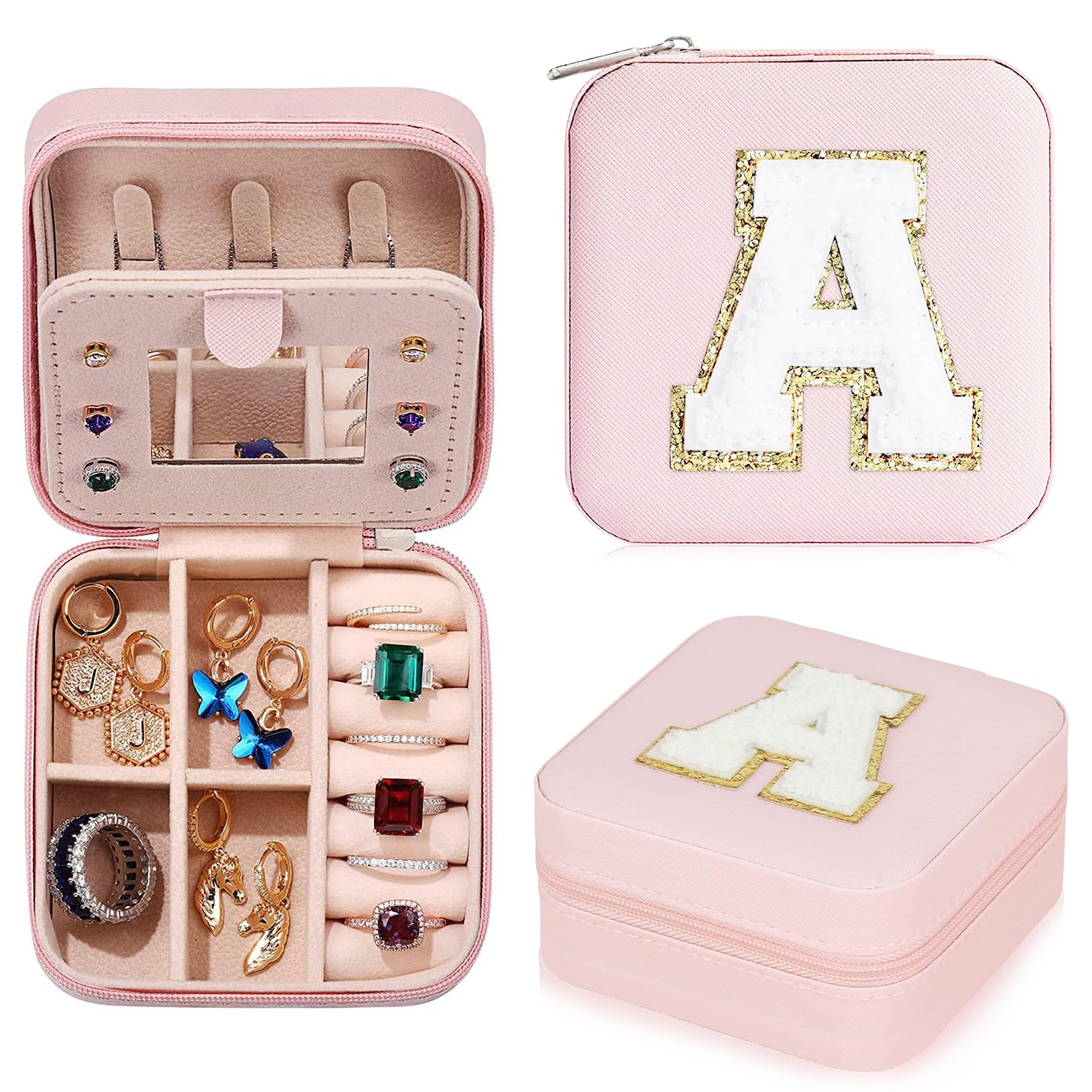 Wisfunlly Travel Jewelry Box for Girls, Pink Small Travel Jewelry Case Organizer Initial A with Mirror Birthday Gifts for Women Girls Friends Daughter Sister