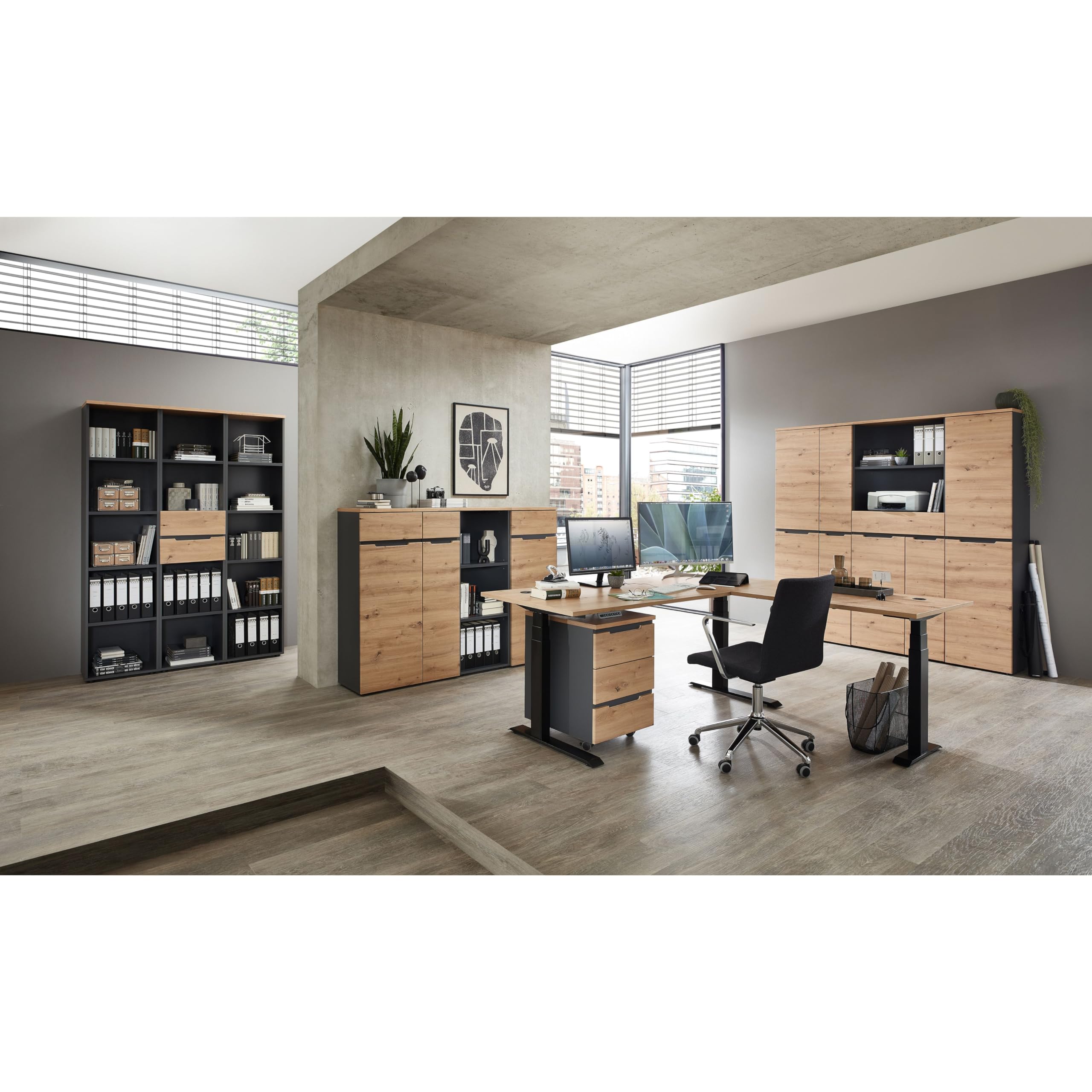 Memphis Aktenschrank in Artisan Eiche Optik, Graphit - Moderner Büroschrank mit 2 Türen - 75 x 197 x 38 cm (B/H/T)