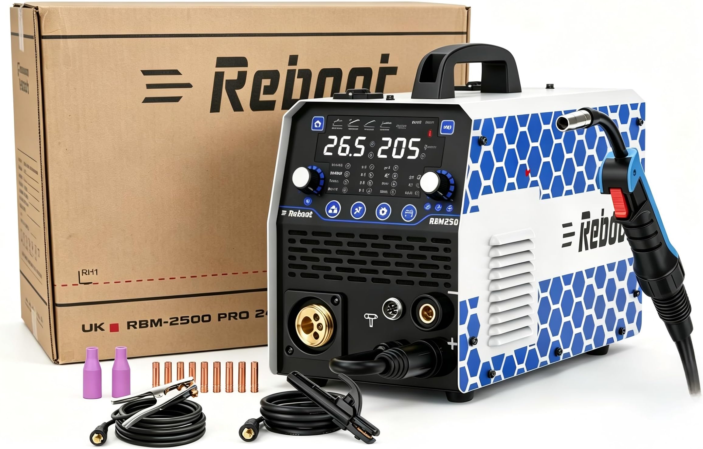 Reboot 205A 7-in-1 Multiprocess Welder – MIG MAG MMA Lift TIG Spot Welder with Digital Display, 240V – Gasless & Aluminium Ready Flux Core Welding Machine for DIY Workshop Auto Repair