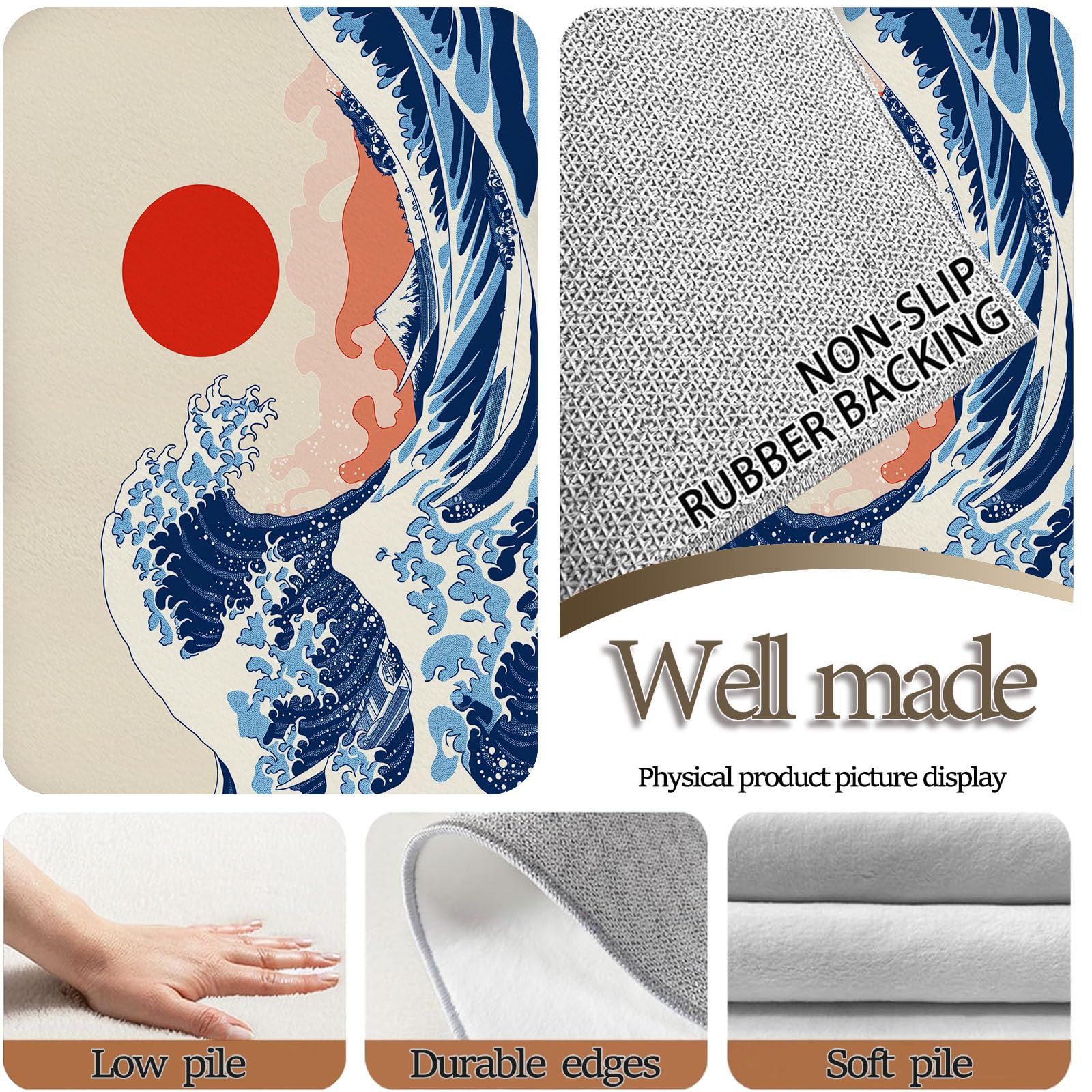 Générique Tapis de Salon Motif Grande Vague Ukiyo-e Japonaise Traditionnelle Doux Antidérapant Poils Ras, Résistant pour Adulte Chambre Salle à Manger Couloir et Bureau, 120 x 170 cm