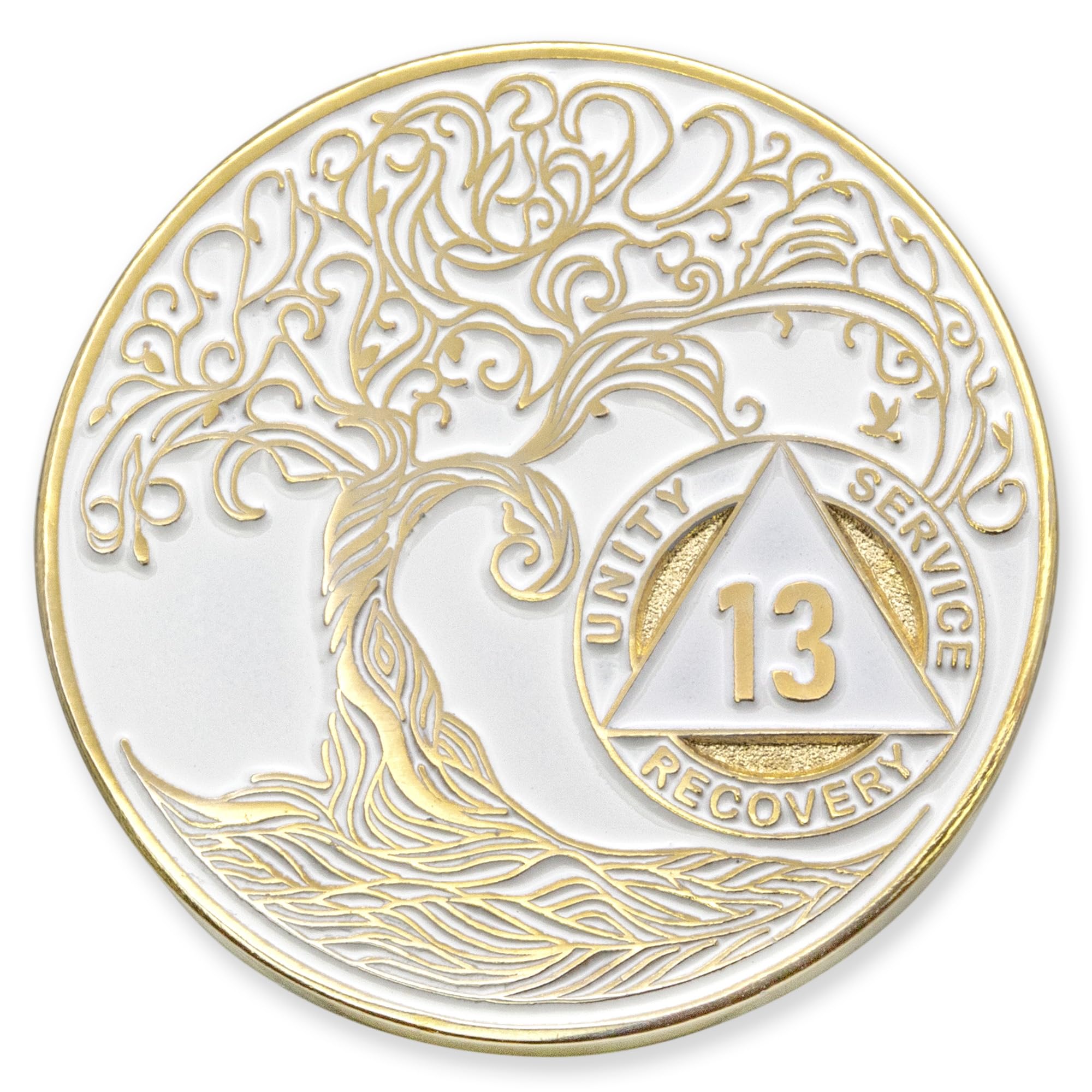 1 to 50 Year Twisted Tree of Life Sobriety Coin - Gold Plated AA Chips &amp; Medallions - 13 Year Sobriety Coin - White